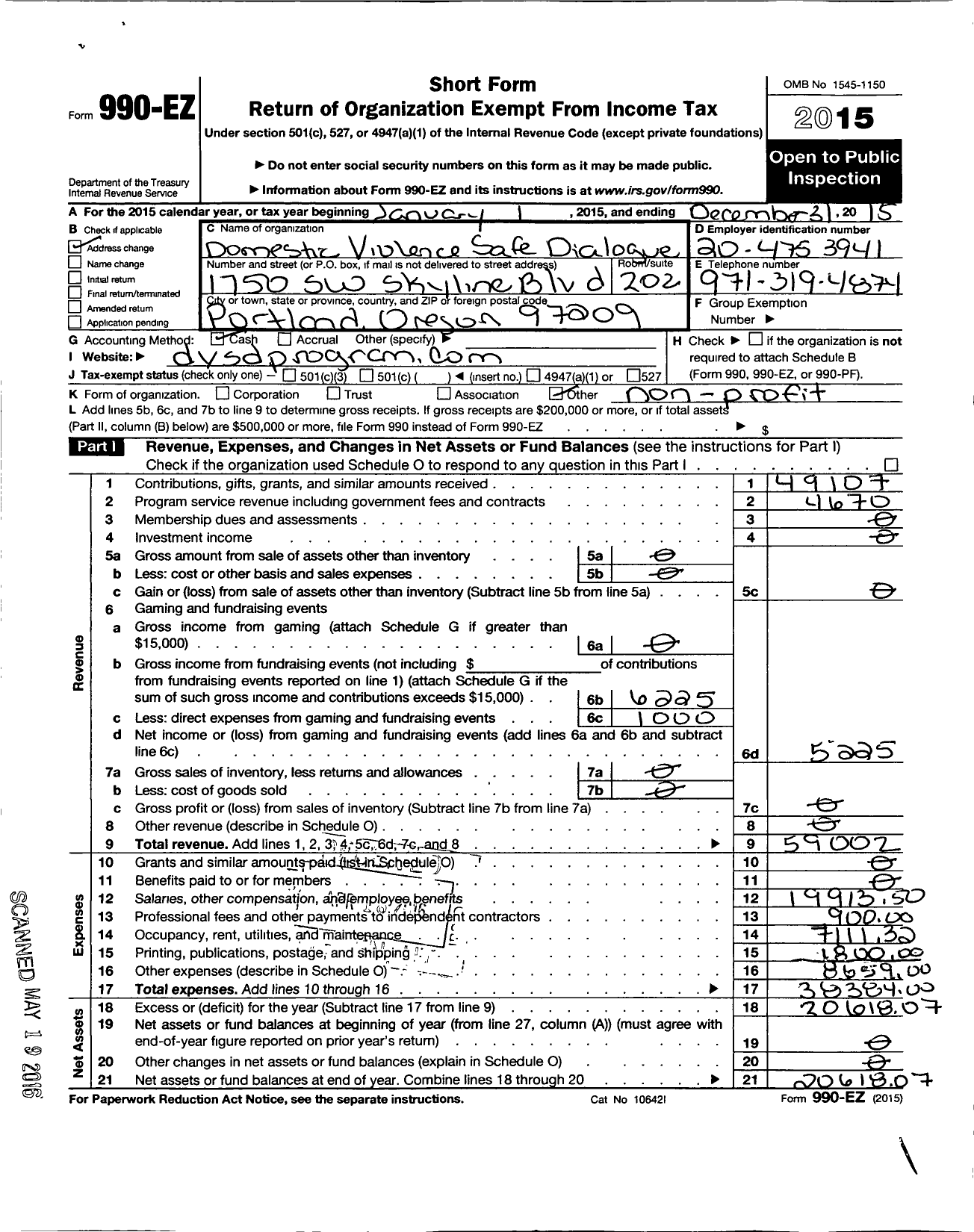 Image of first page of 2015 Form 990EO for Domestic Violence Safe Dialogue (DVSD)