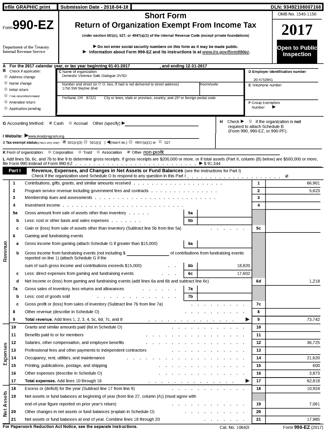 Image of first page of 2017 Form 990EZ for Domestic Violence Safe Dialogue (DVSD)