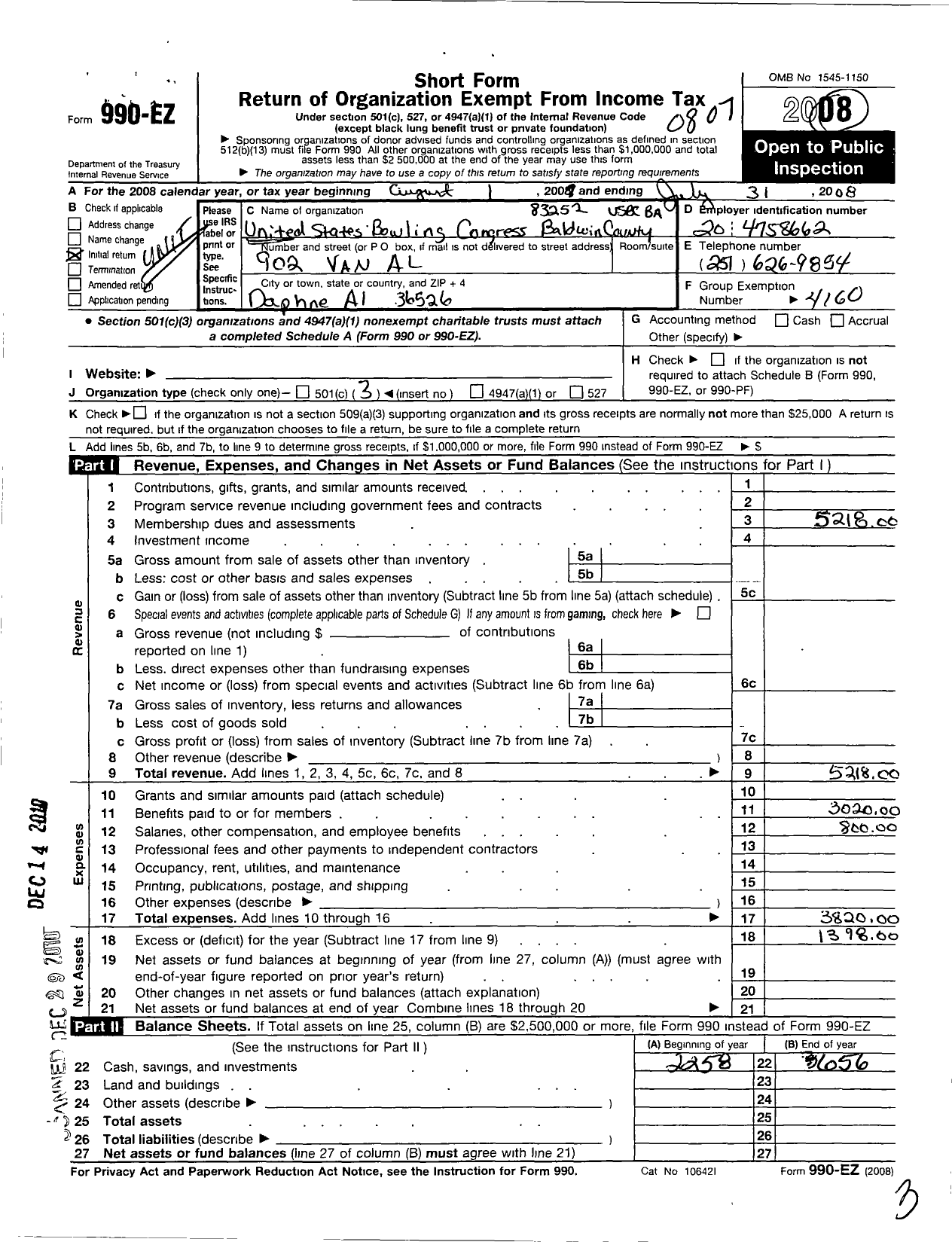 Image of first page of 2007 Form 990EZ for United States Bowling Congress - 82352 Baldwin County Usbc Ba