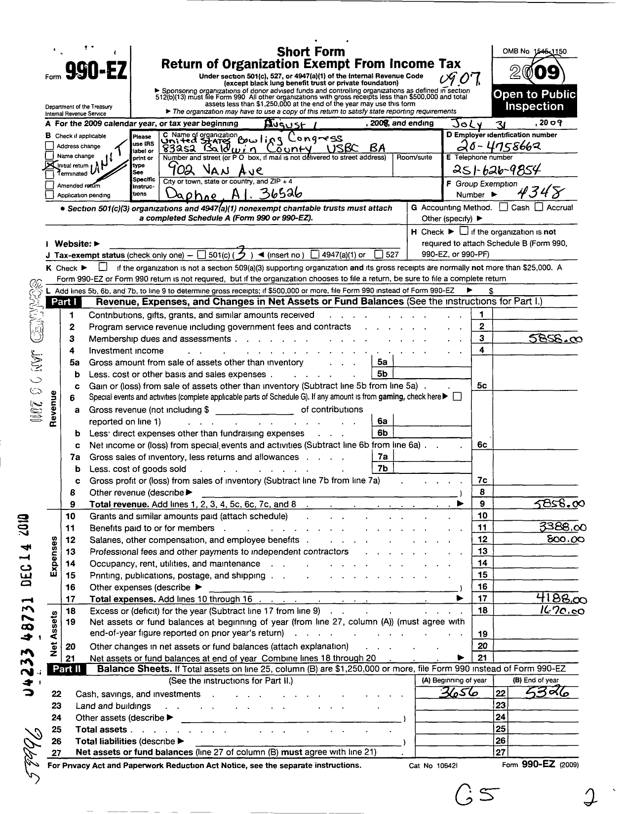 Image of first page of 2008 Form 990EZ for United States Bowling Congress - 82352 Baldwin County Usbc Ba