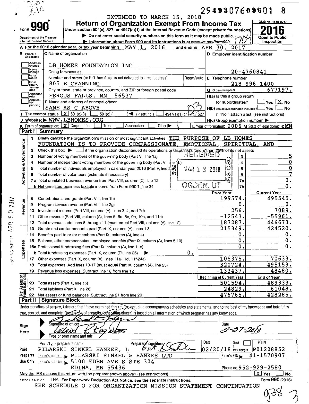 Image of first page of 2016 Form 990 for LB Homes Foundation