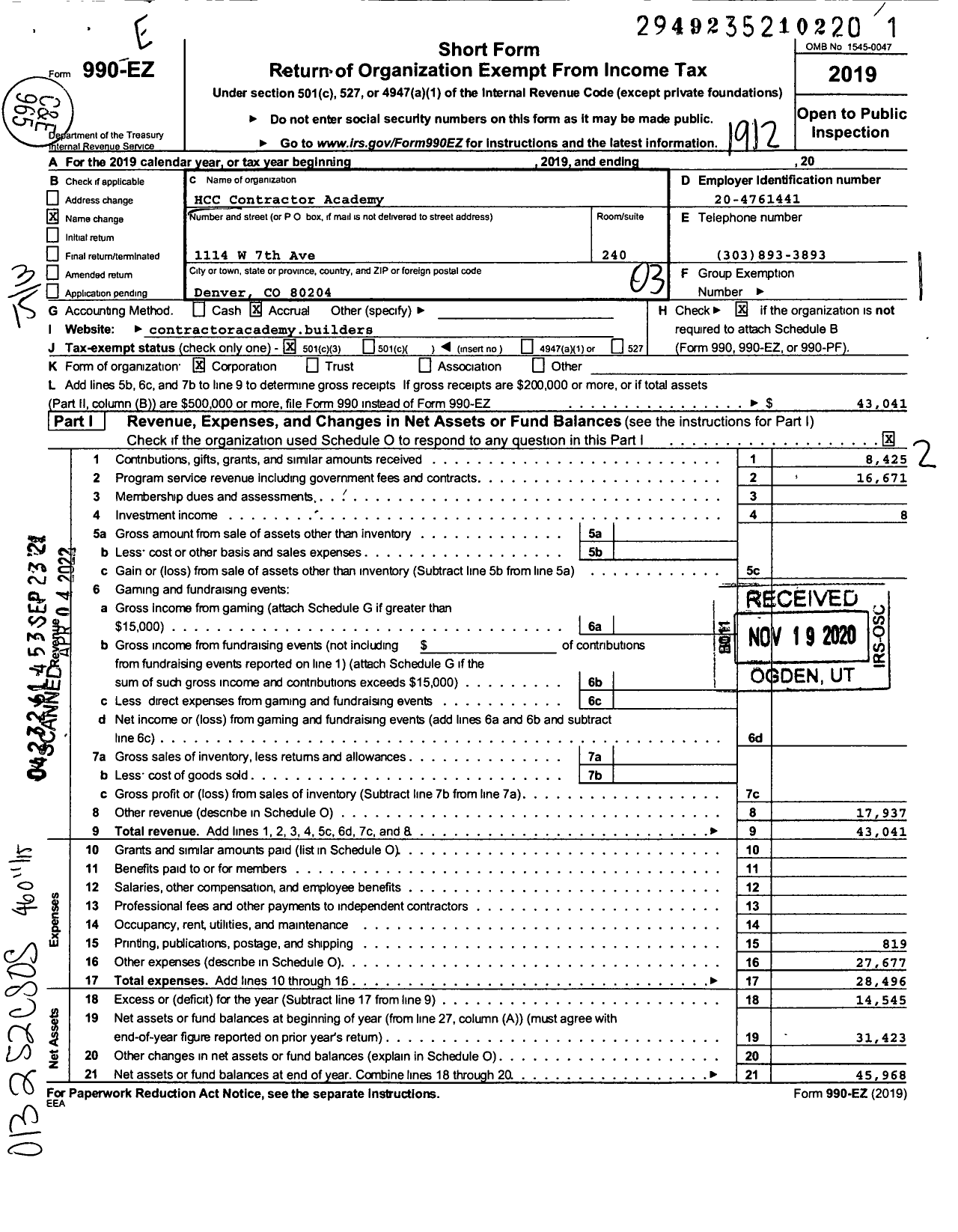 Image of first page of 2019 Form 990EZ for HCC Contractor Academy