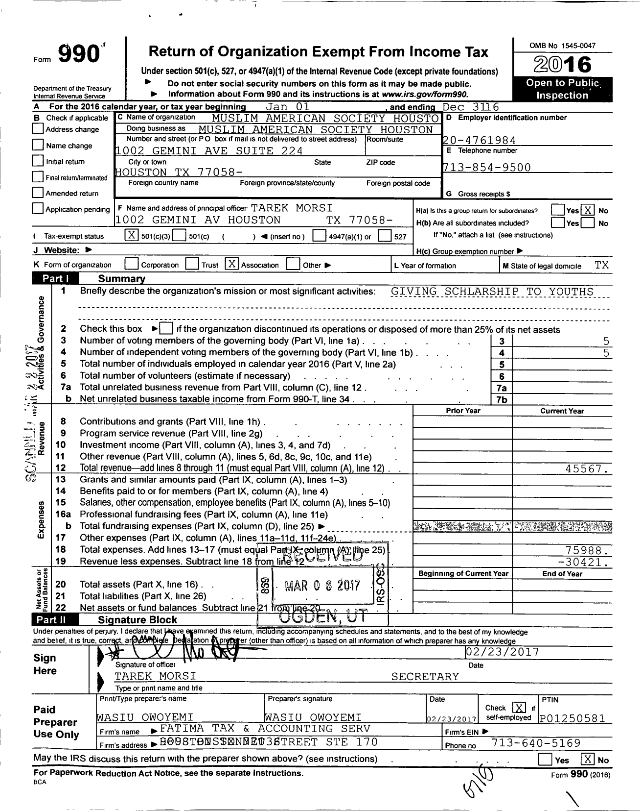 Image of first page of 2016 Form 990 for Muslim American Society Houston