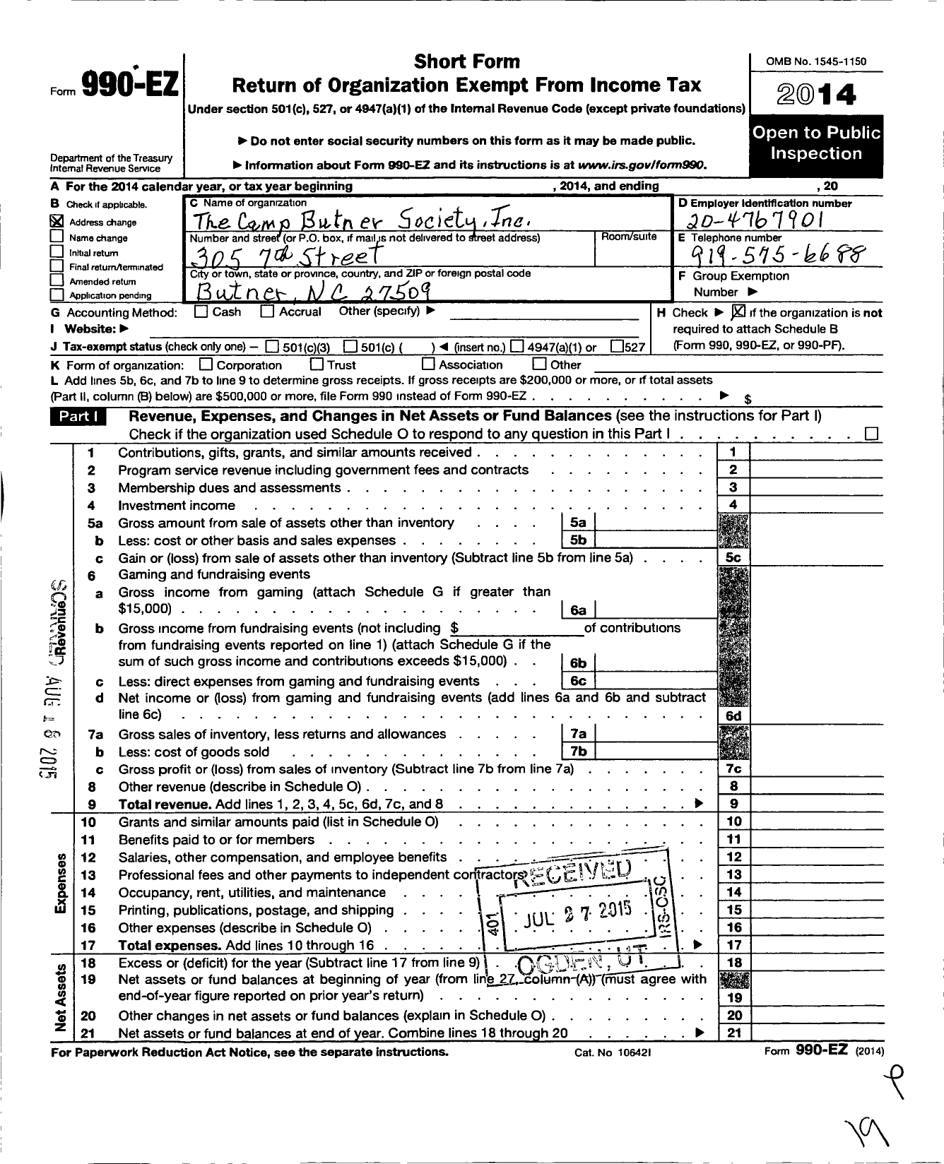 Image of first page of 2014 Form 990EO for Camp Butner Society