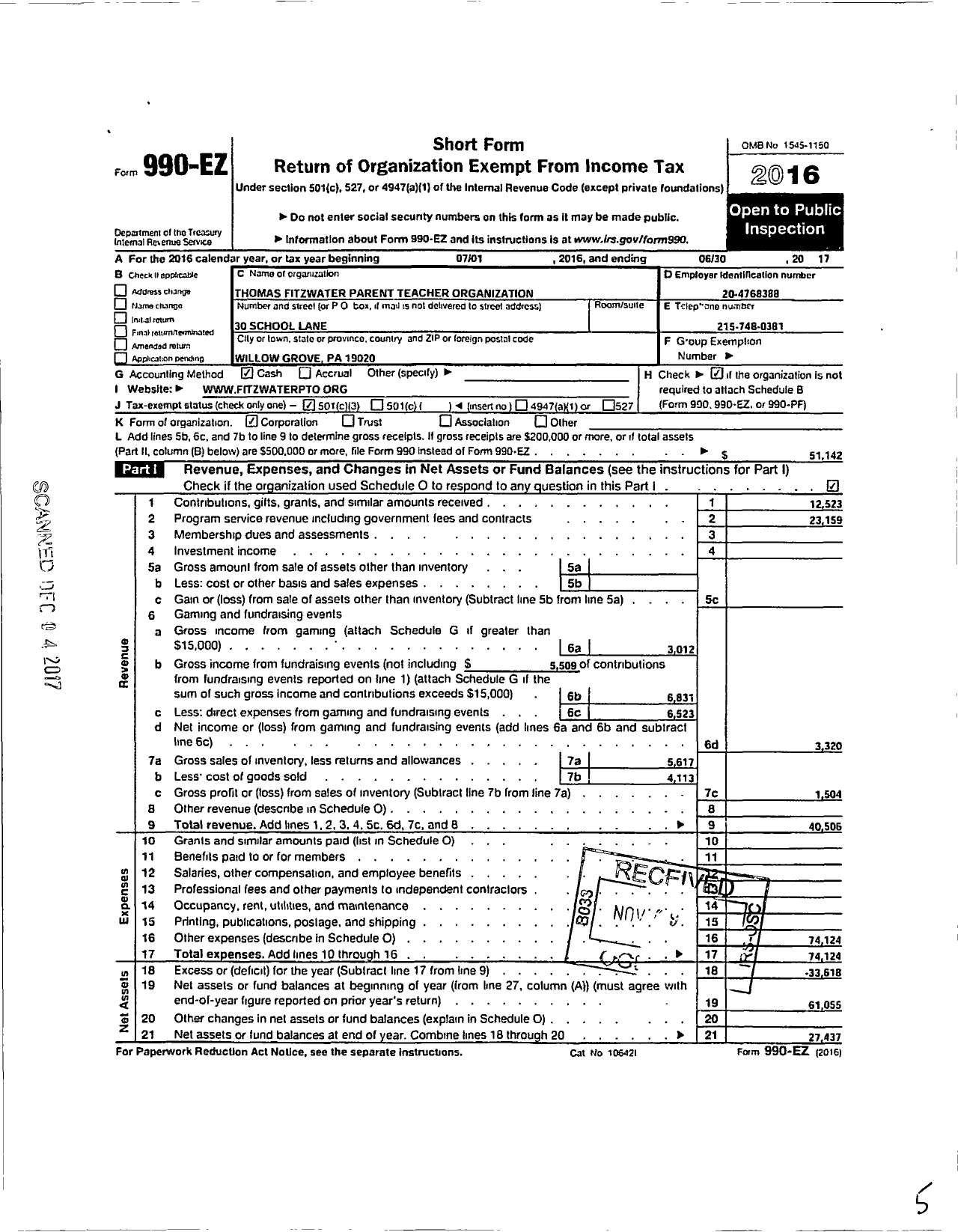 Image of first page of 2016 Form 990EZ for Thomas Fitzwater Parent Teacher Organization