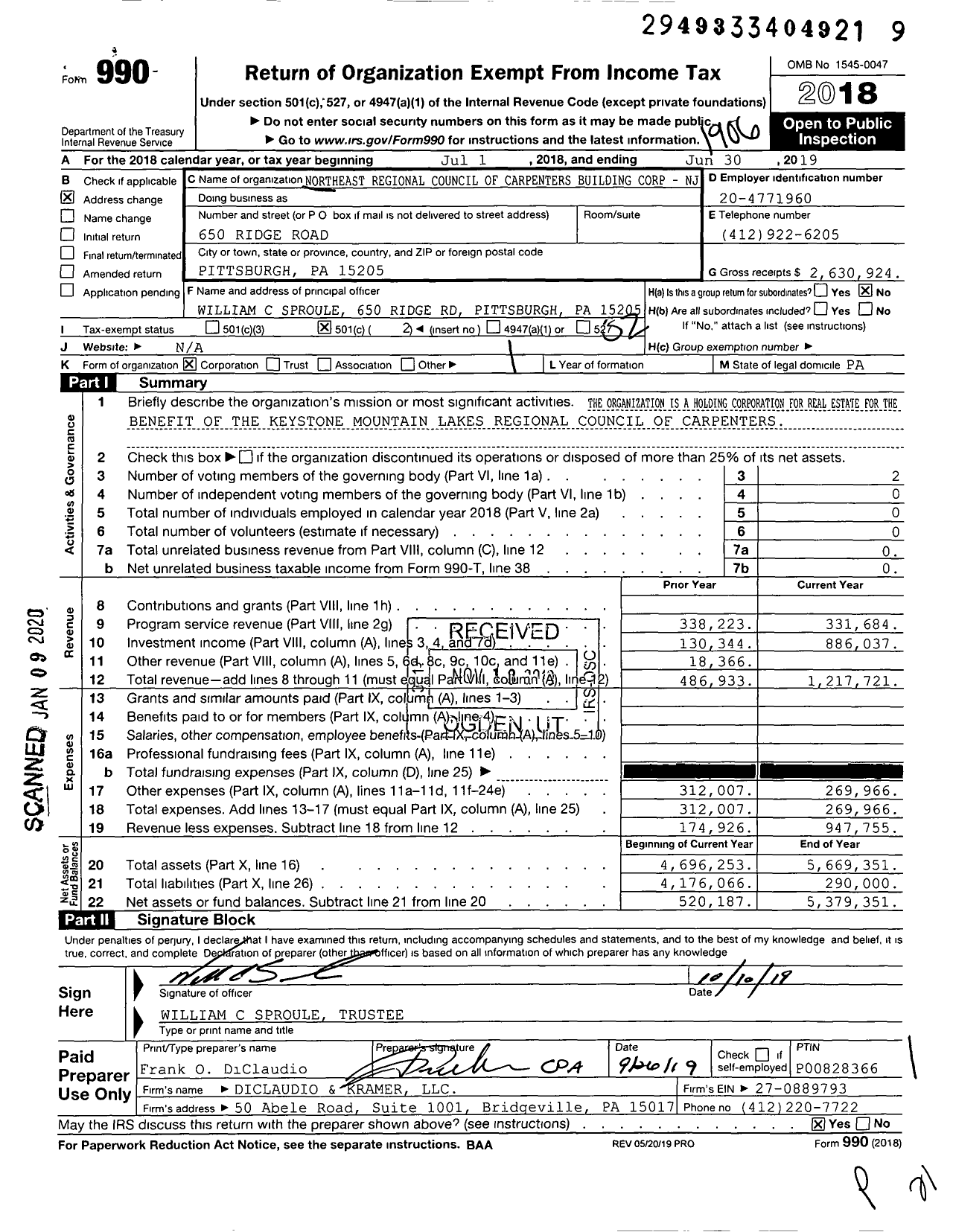 Image of first page of 2018 Form 990O for United Brotherhood of Carpenters & Joiners - KML Building Corporation NJ A NJ No