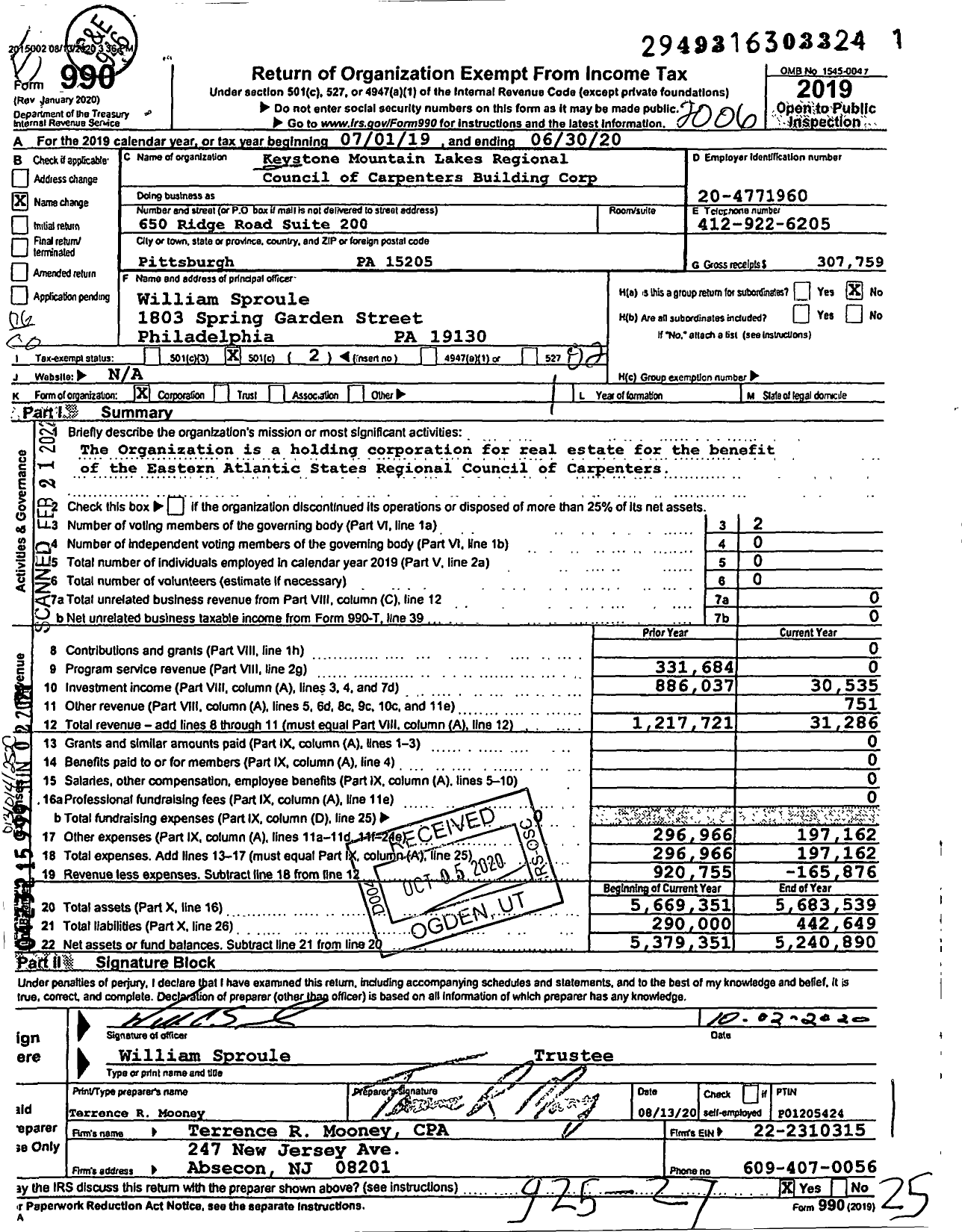 Image of first page of 2019 Form 990O for United Brotherhood of Carpenters & Joiners - KML Building Corporation NJ A NJ No