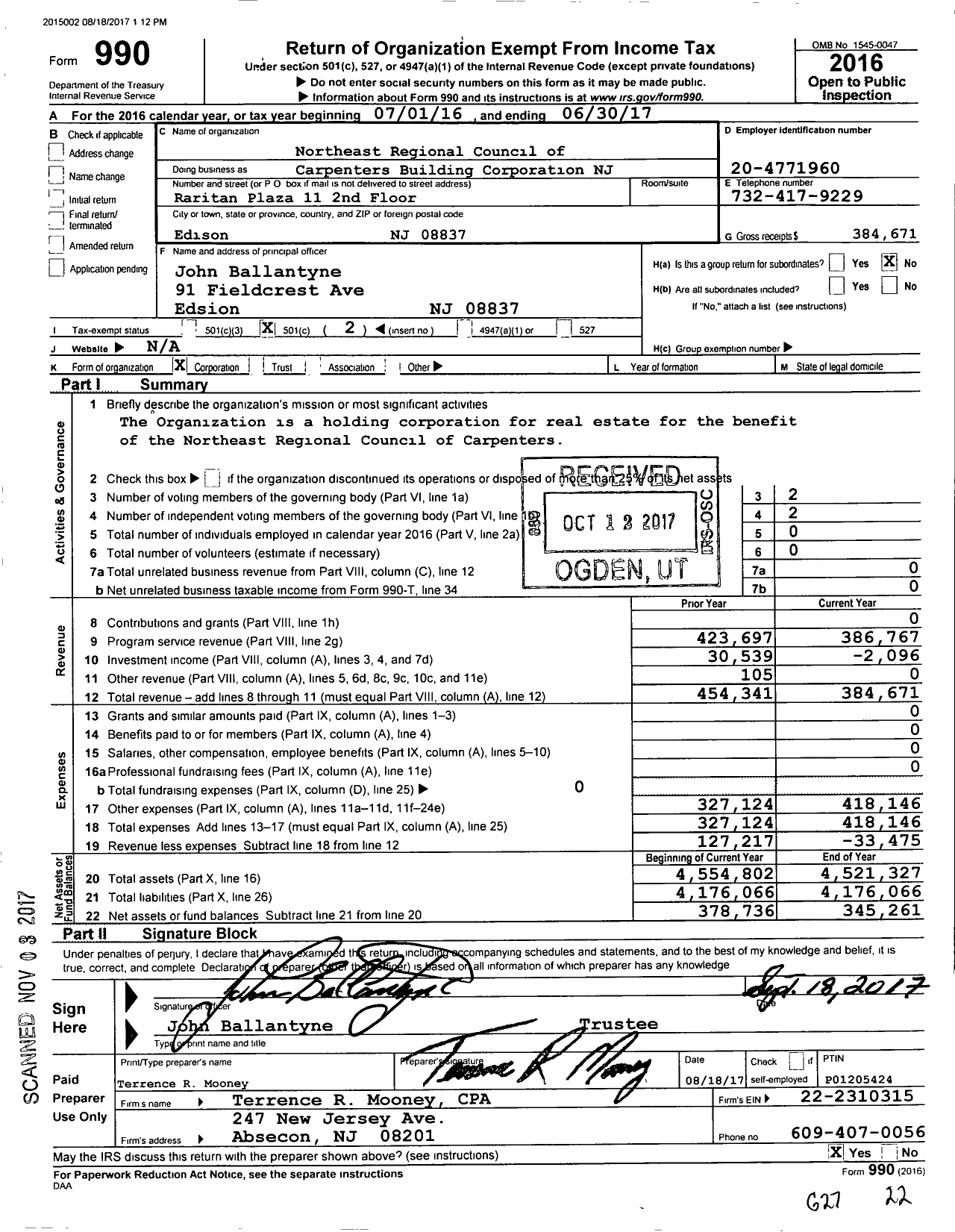 Image of first page of 2016 Form 990O for United Brotherhood of Carpenters & Joiners - KML Building Corporation NJ A NJ No