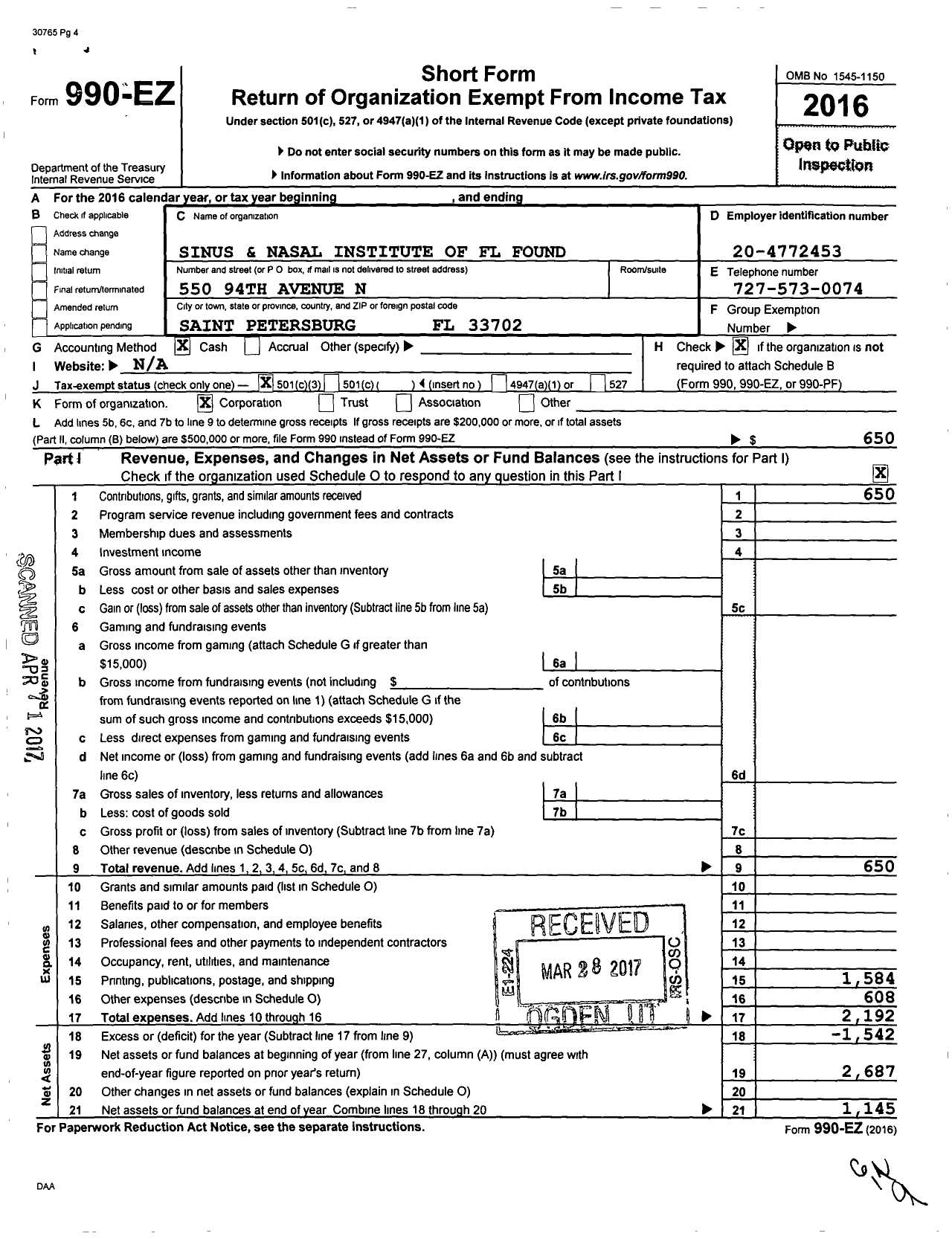 Image of first page of 2016 Form 990EZ for Sinus and Nasal Institute of FL Found