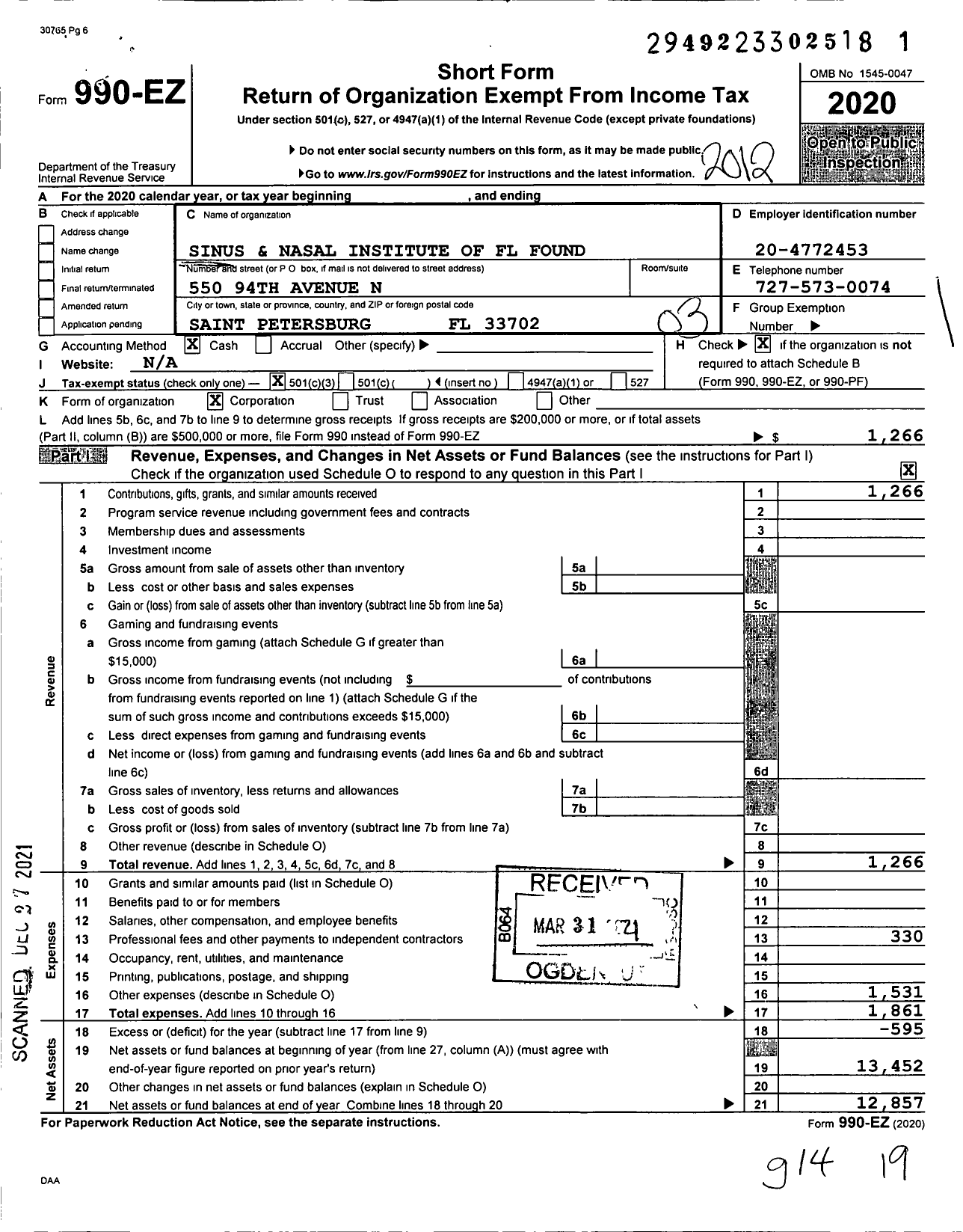 Image of first page of 2020 Form 990EZ for Sinus and Nasal Institute of FL Found