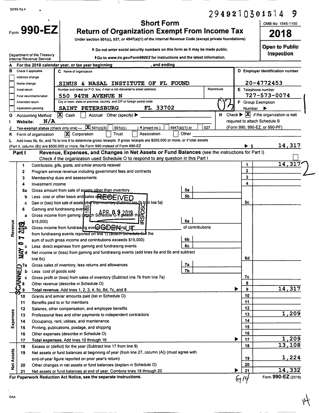 Image of first page of 2018 Form 990EZ for Sinus and Nasal Institute of FL Found