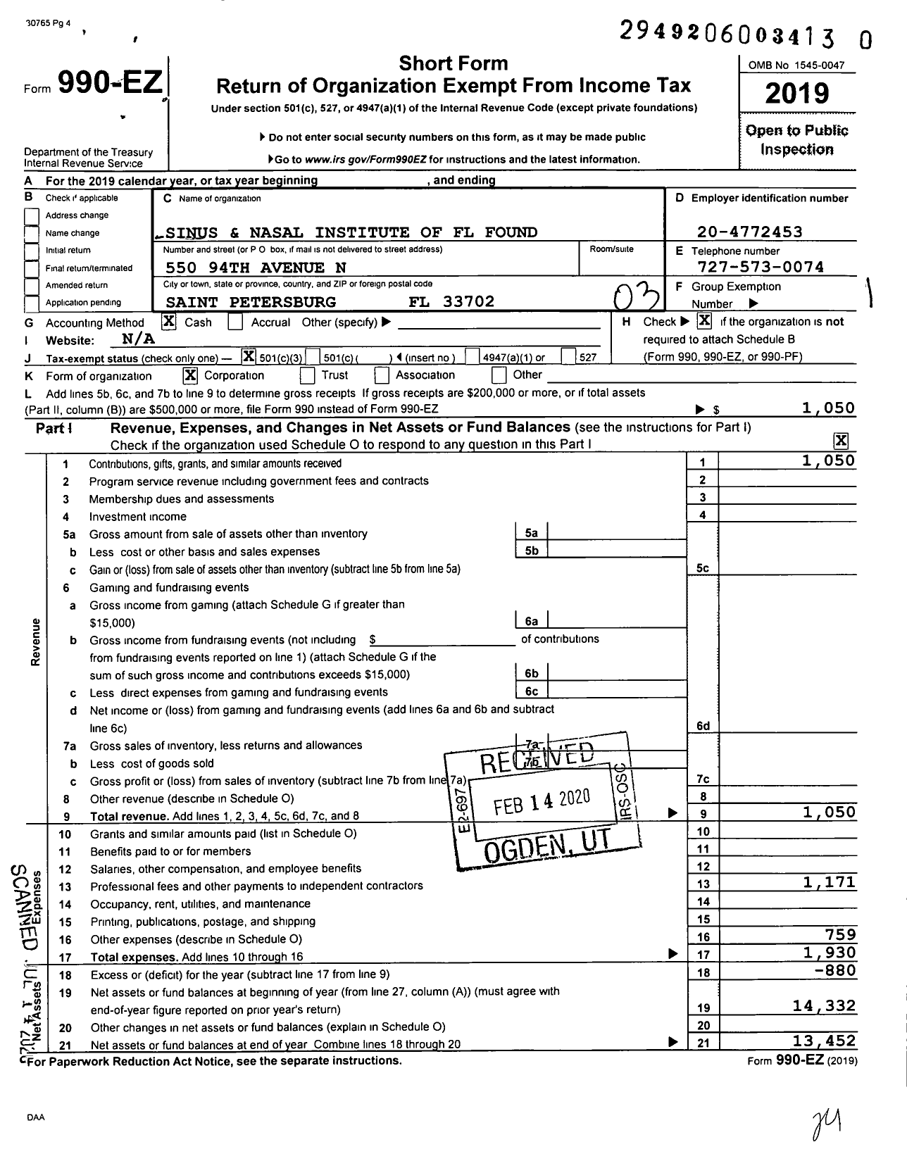 Image of first page of 2019 Form 990EZ for Sinus and Nasal Institute of FL Found