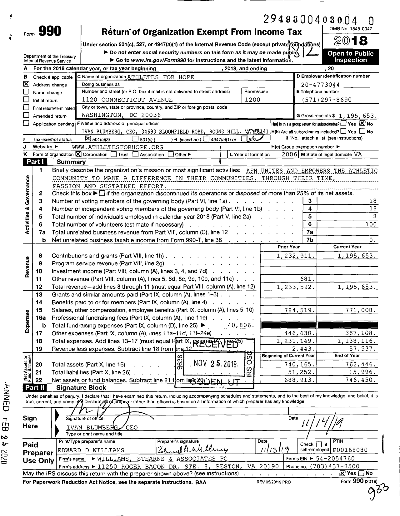 Image of first page of 2018 Form 990 for Athletes for Hope