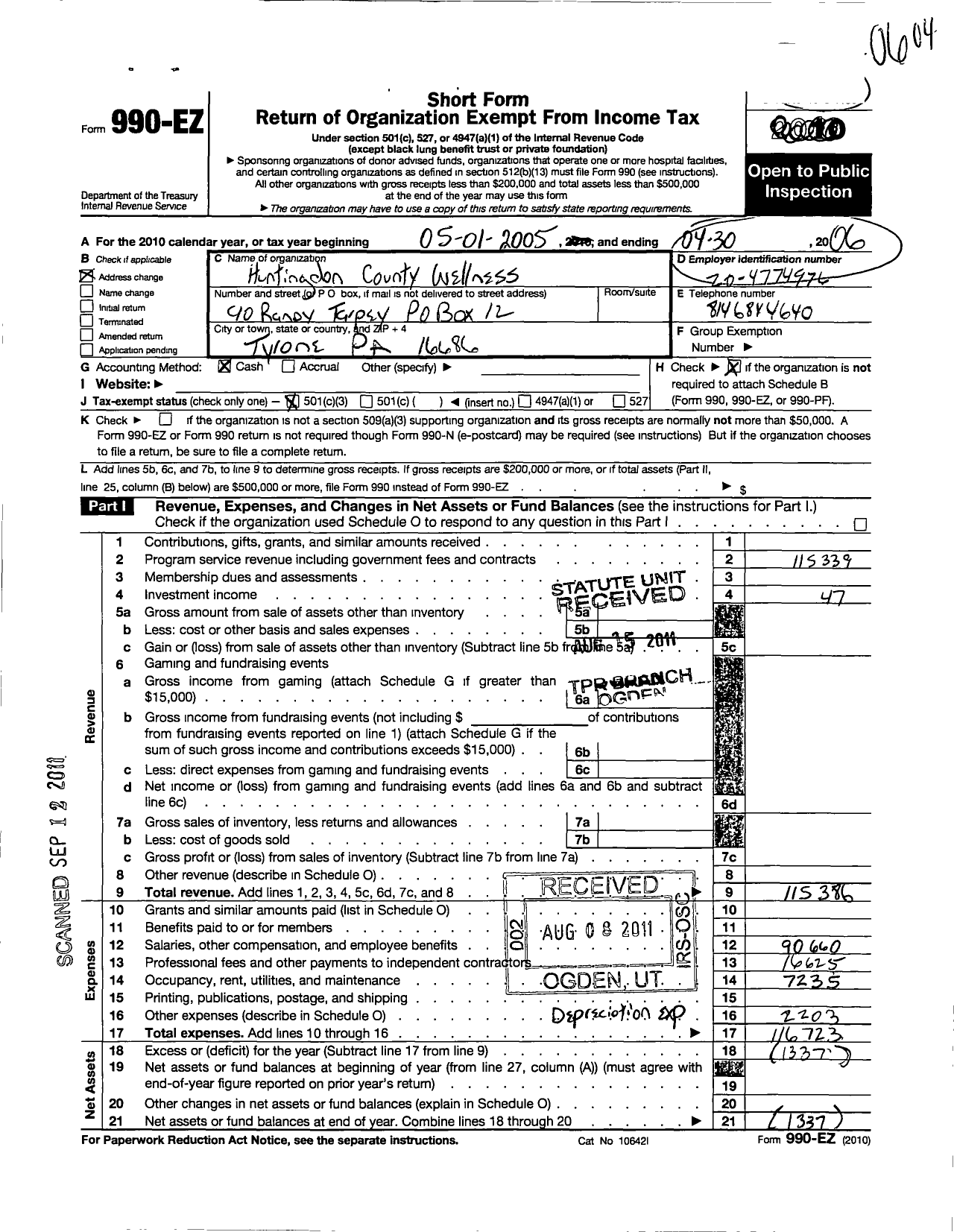 Image of first page of 2005 Form 990EZ for Huntingoon County Wellness