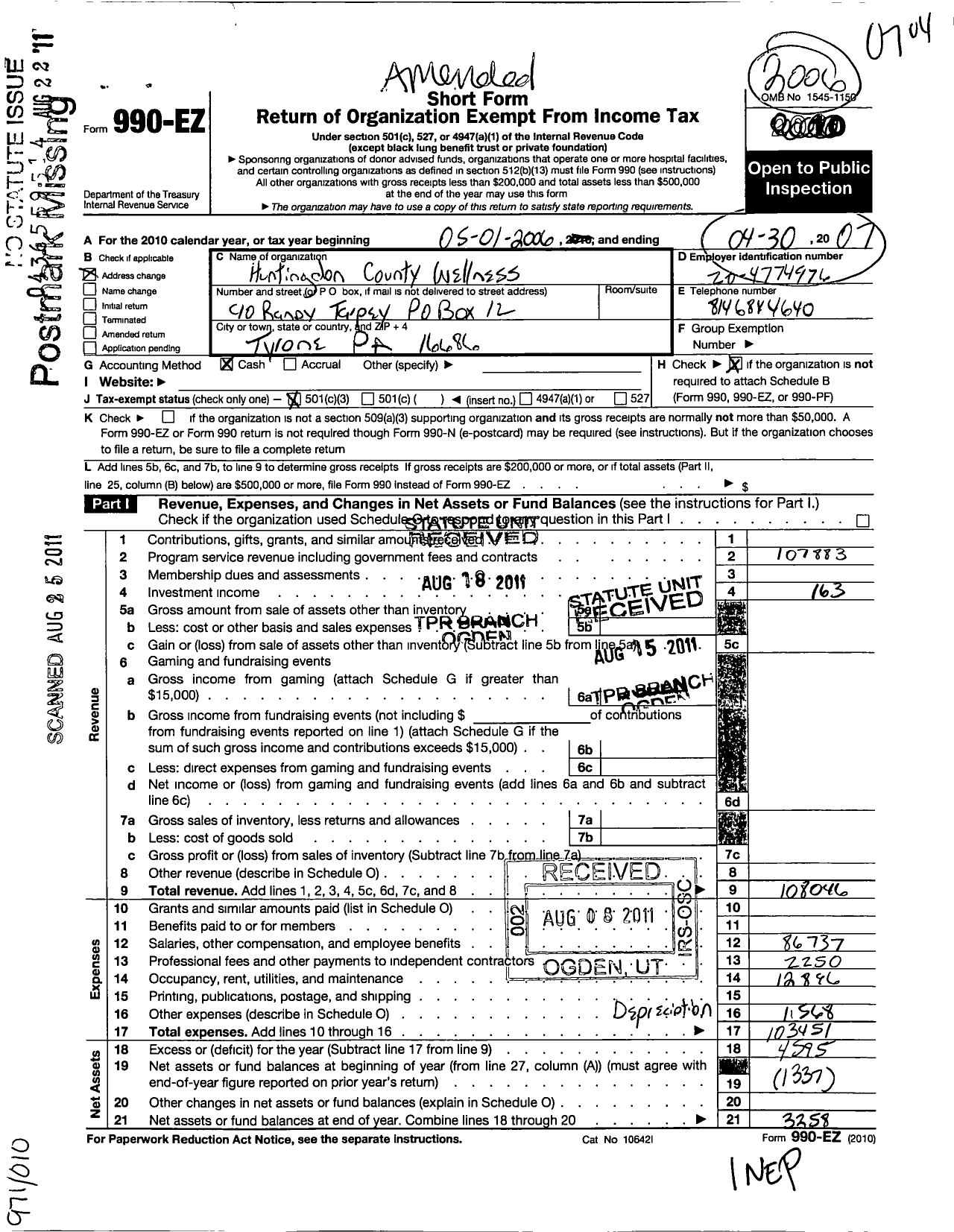 Image of first page of 2006 Form 990EZ for Huntingoon County Wellness