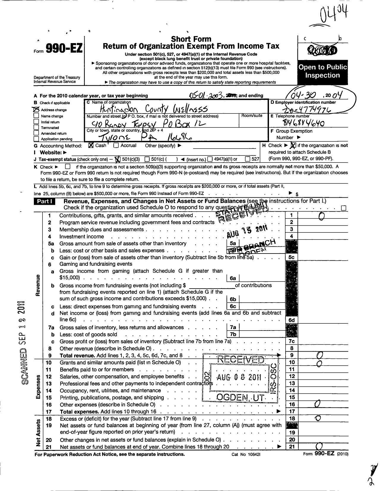 Image of first page of 2003 Form 990EZ for Huntingoon County Wellness