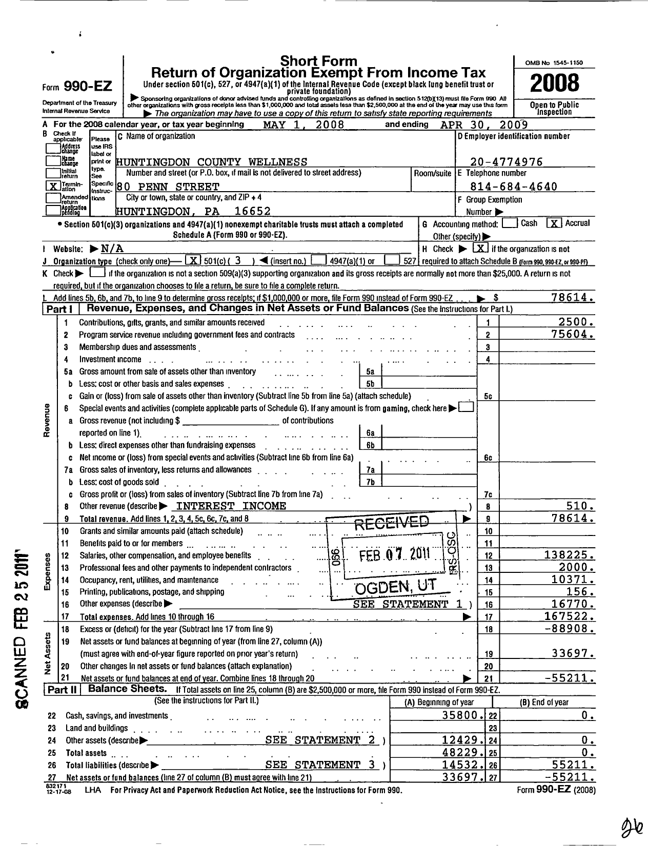 Image of first page of 2008 Form 990EZ for Huntingoon County Wellness