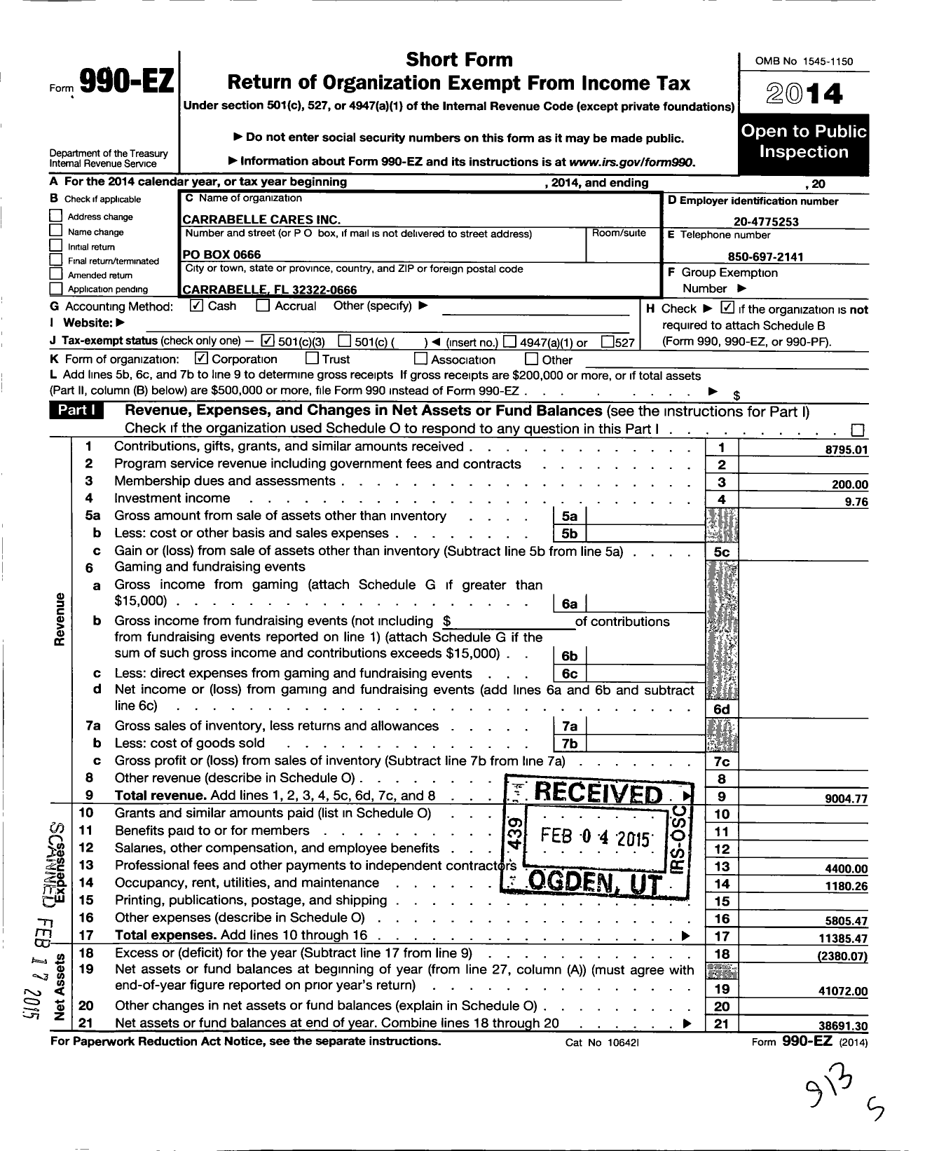 Image of first page of 2014 Form 990EZ for Carrabelle Cares