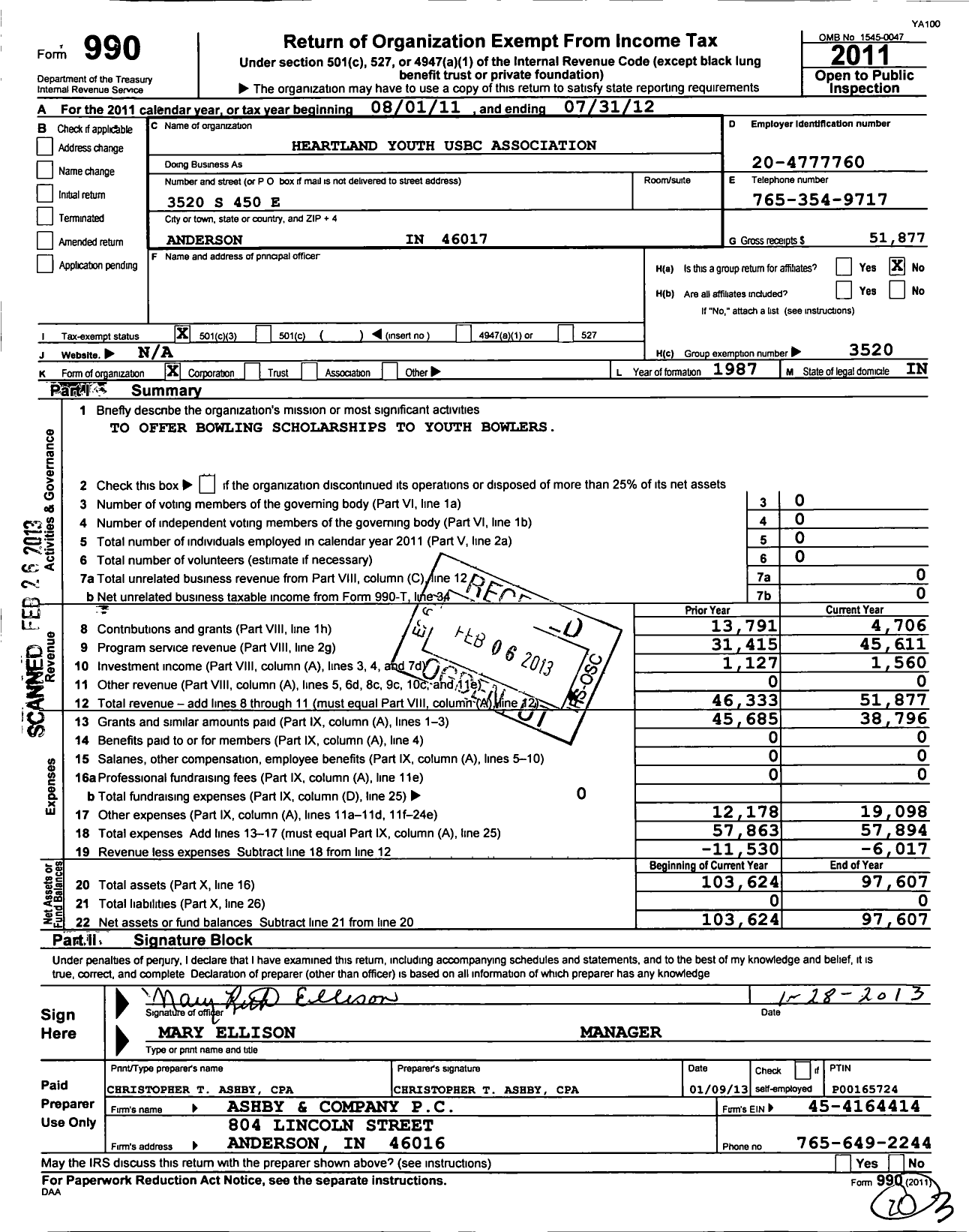 Image of first page of 2011 Form 990 for United States Bowling Congress - 85817 Heartland Usbc Youth