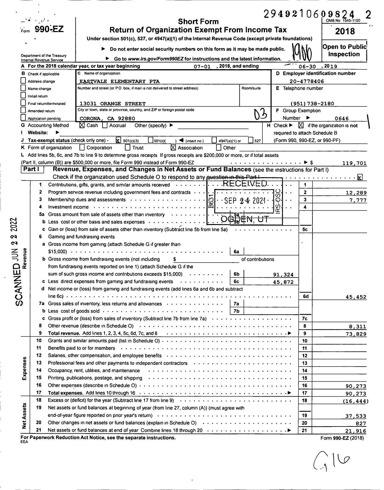 Image of first page of 2018 Form 990EZ for California State PTA - Eastvale Elementary PTA