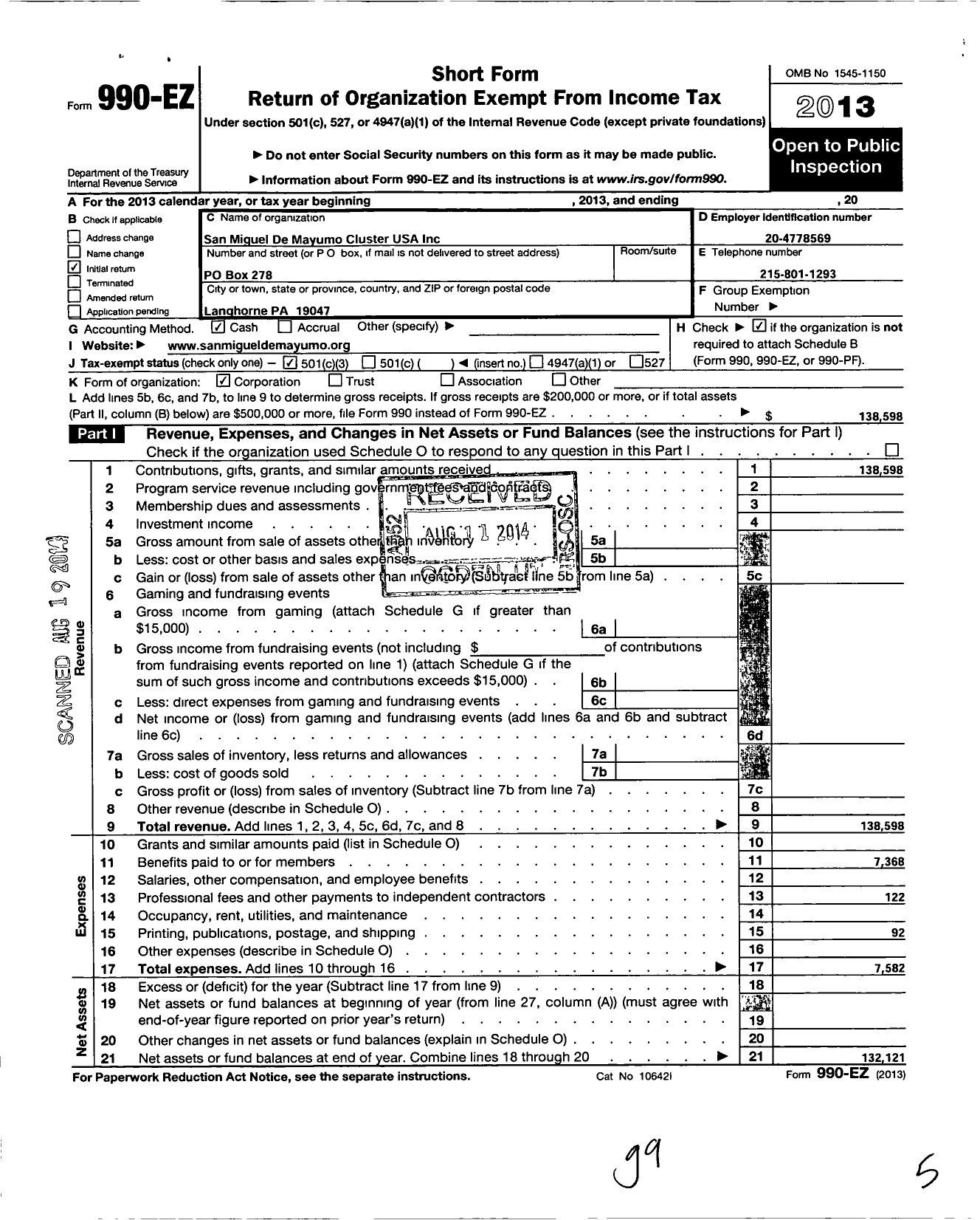 Image of first page of 2013 Form 990EZ for San Miguel de Mayumo Cluster USA