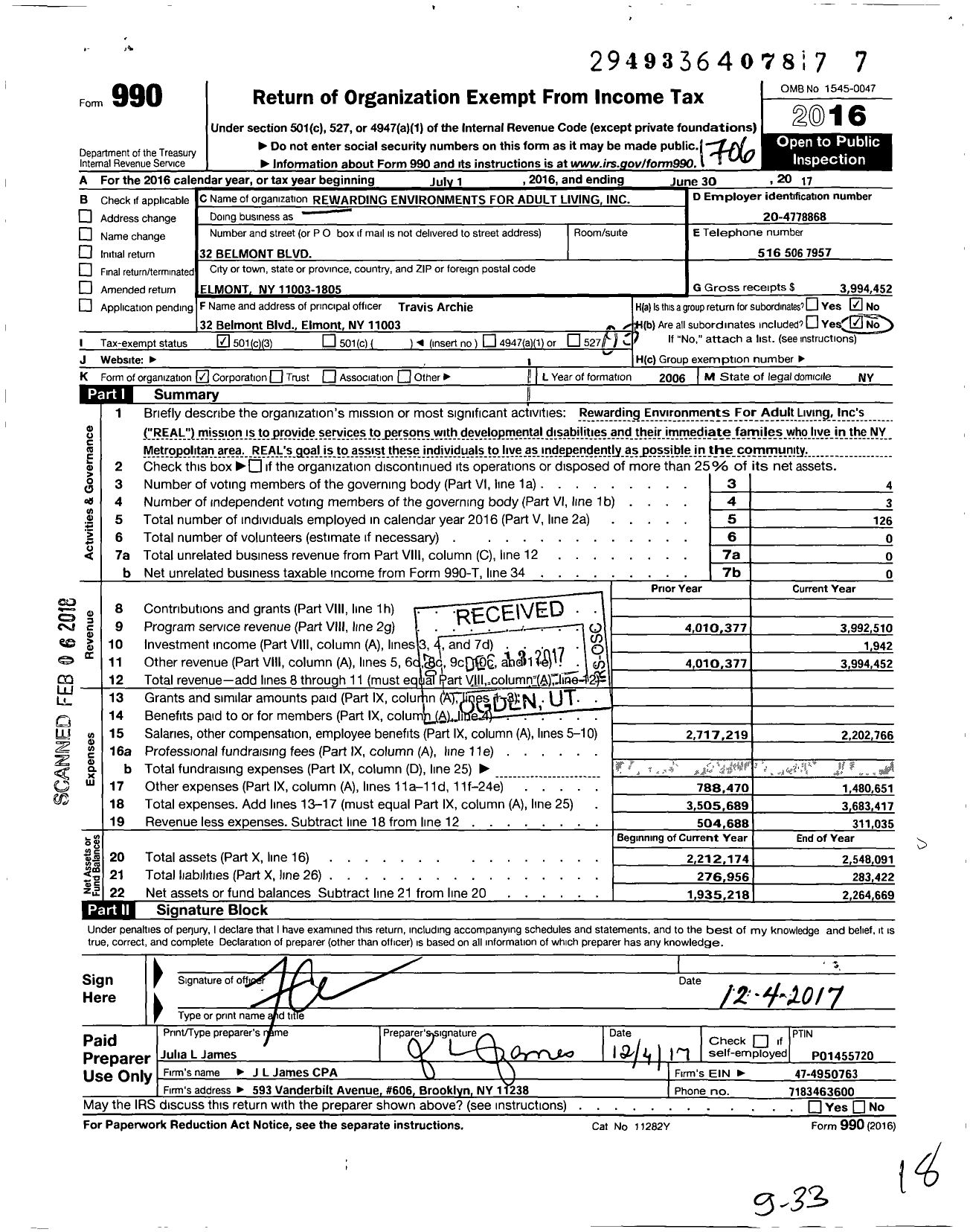 Image of first page of 2016 Form 990 for Rewarding Environments for Adultliving (REAL)