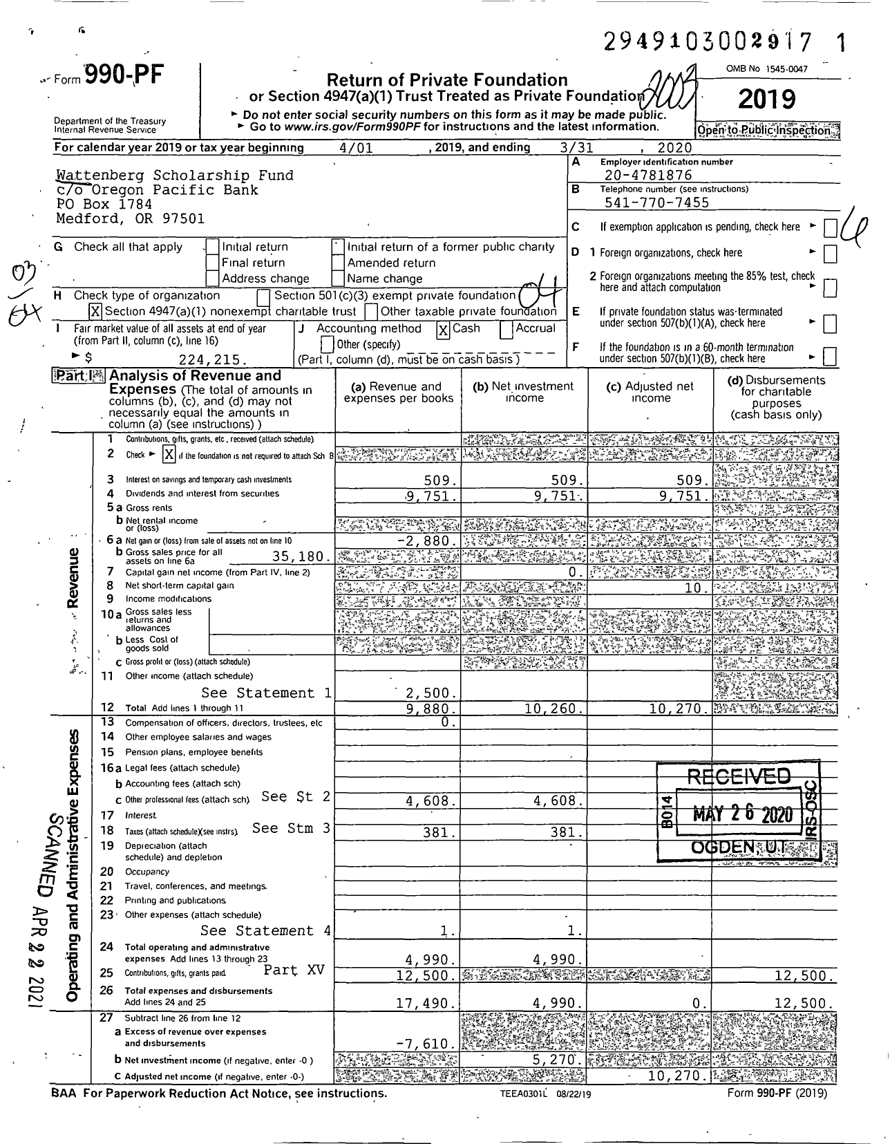 Image of first page of 2019 Form 990PF for Wattenberg Scholarship Fund