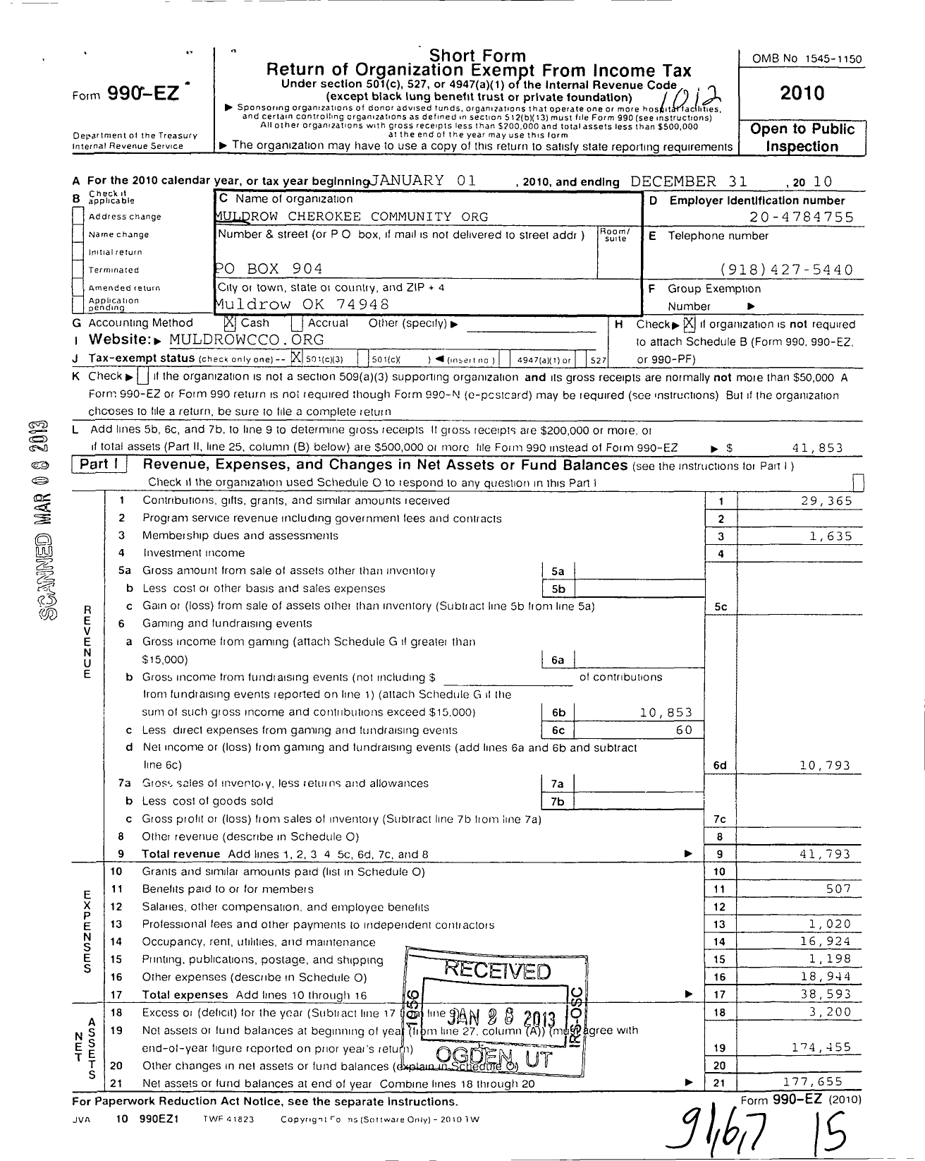 Image of first page of 2010 Form 990EZ for Muldrow Cherokee Communityorganization