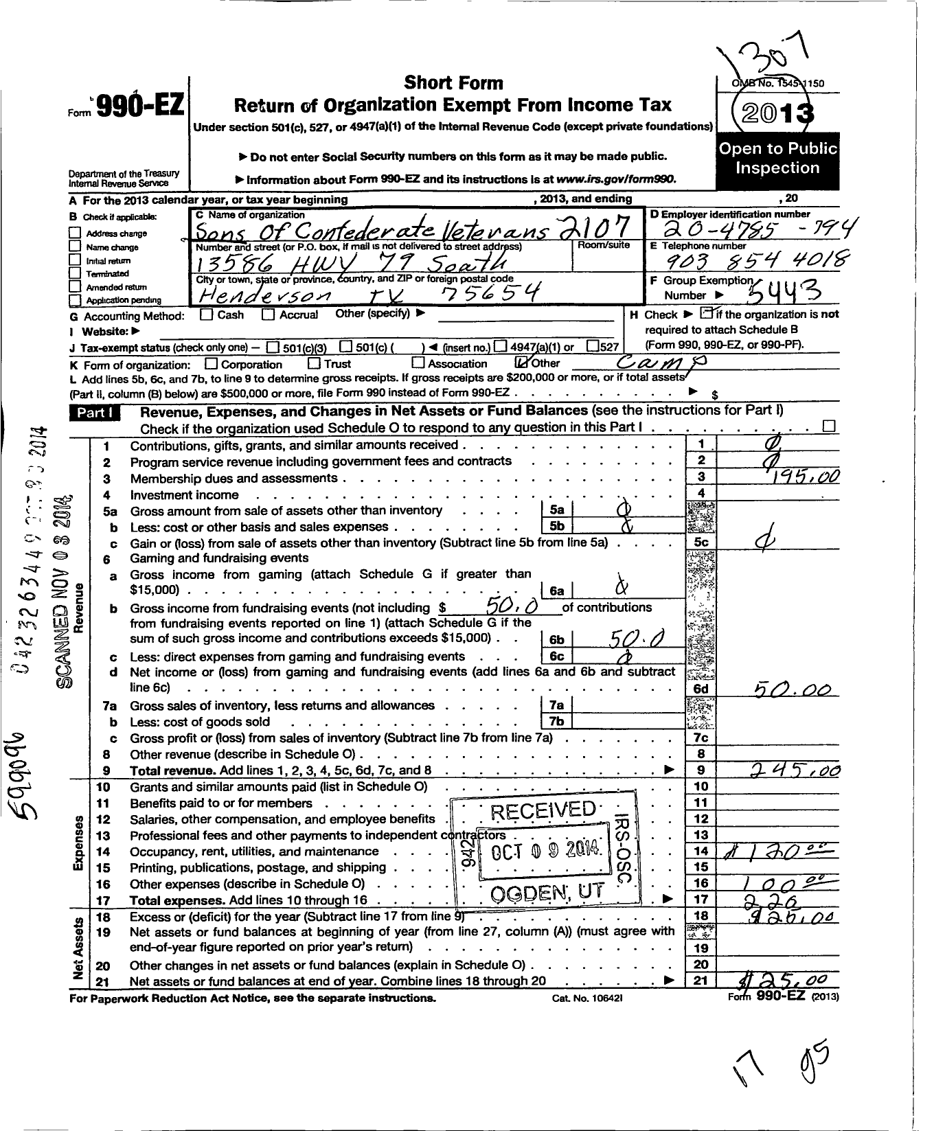 Image of first page of 2012 Form 990EO for Sons of Confederate Veterans - 2107 New Salem Invincibles Camp