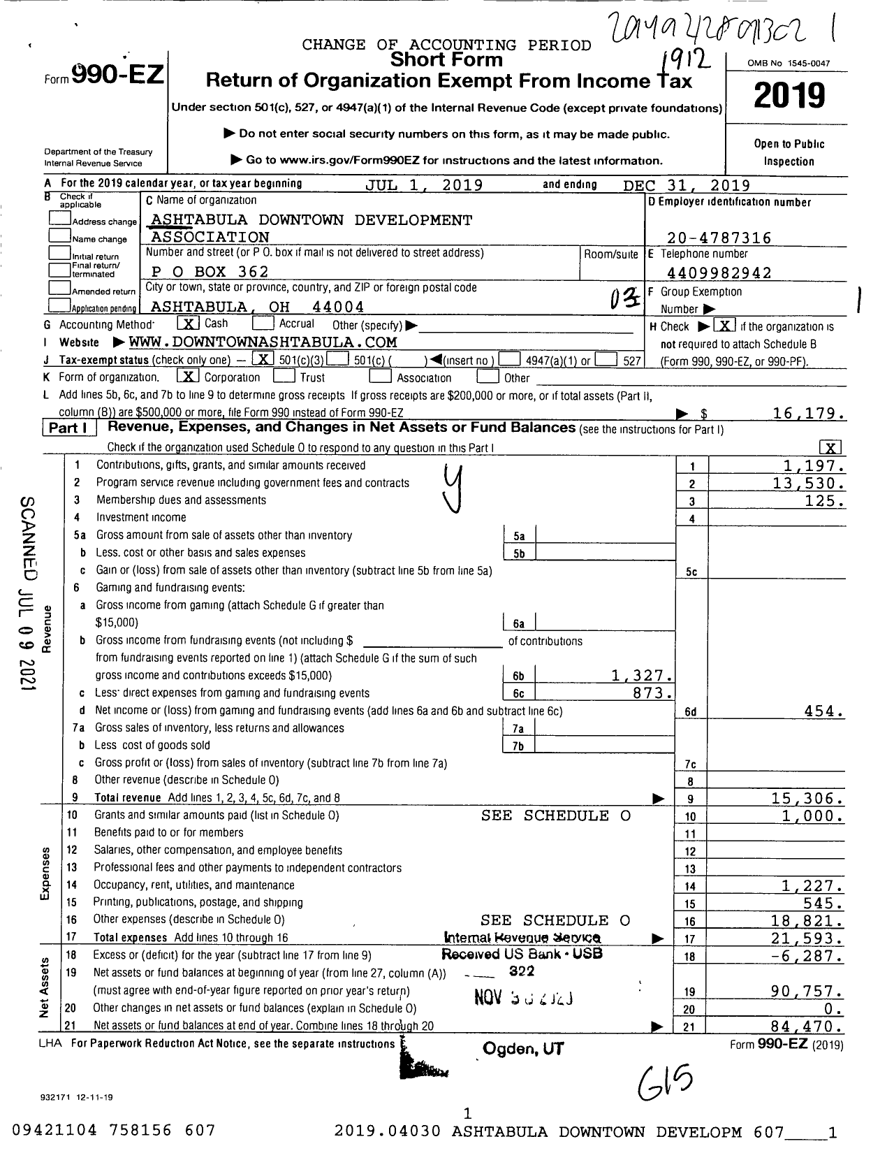 Image of first page of 2019 Form 990EZ for Ashtabula Downtown Development Association