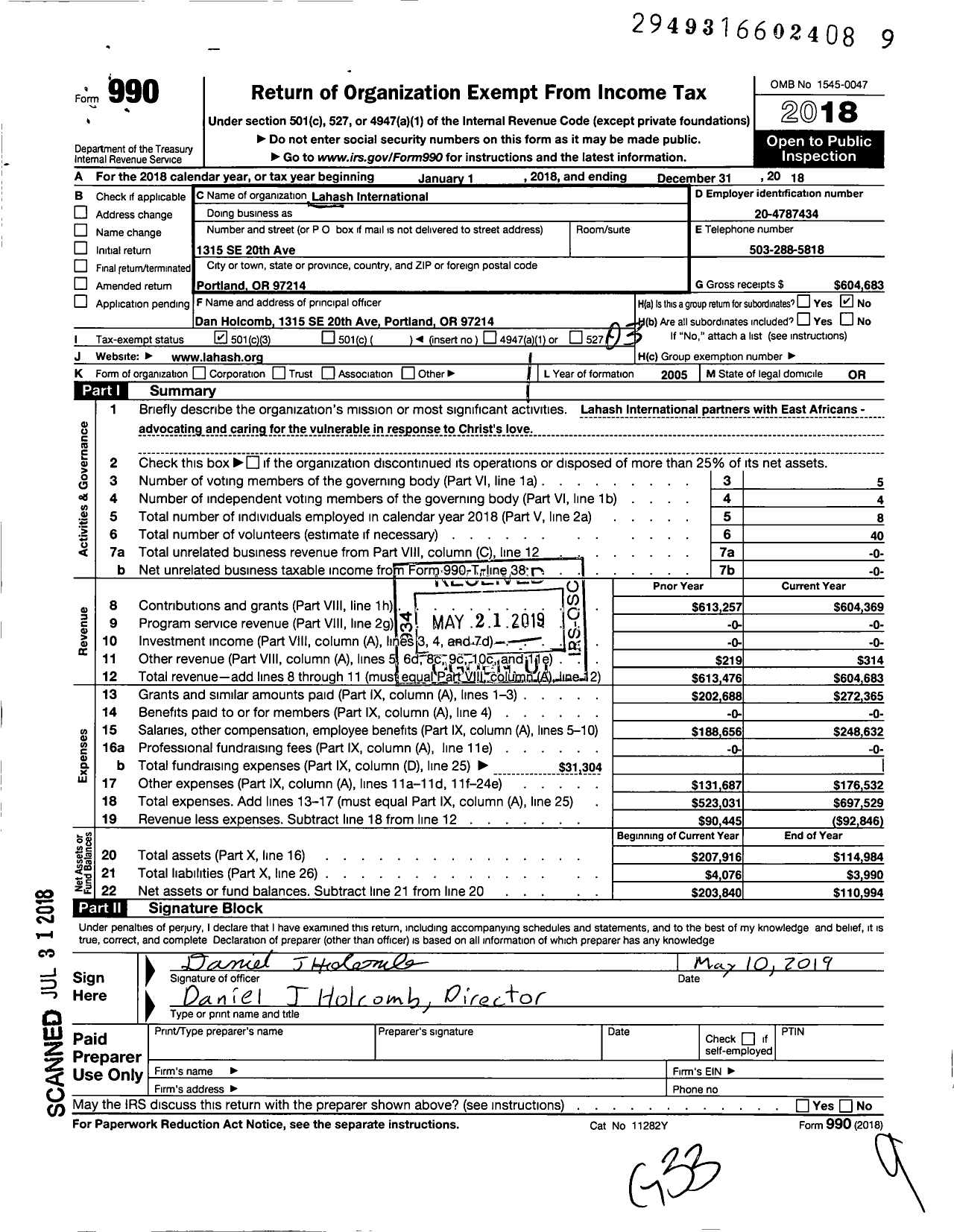 Image of first page of 2018 Form 990 for Lahash International