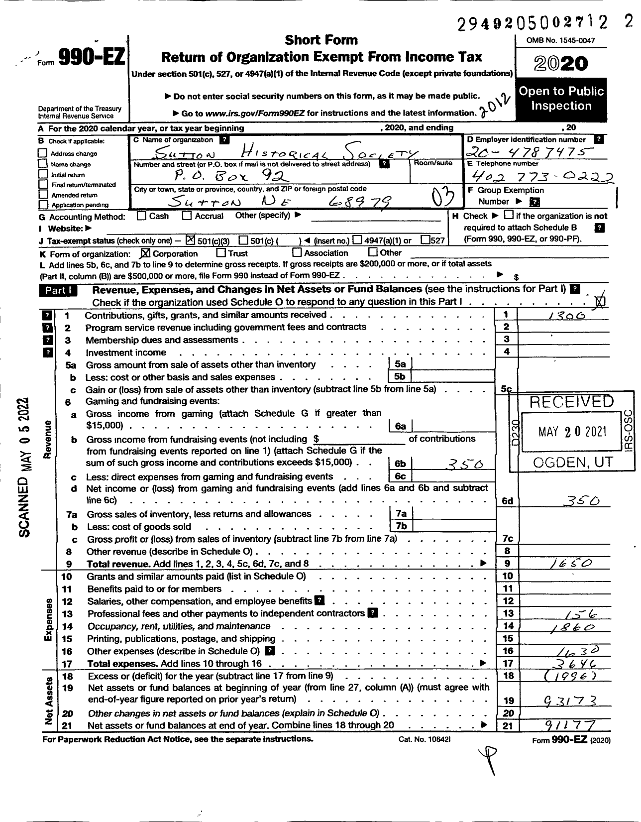 Image of first page of 2020 Form 990EZ for Suttton Historical Society Incorporated