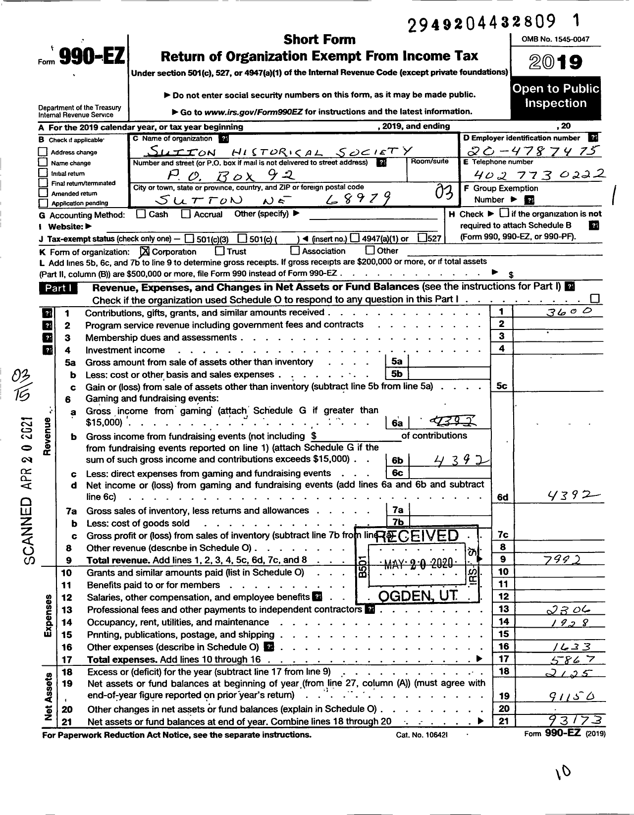 Image of first page of 2019 Form 990EZ for Suttton Historical Society Incorporated