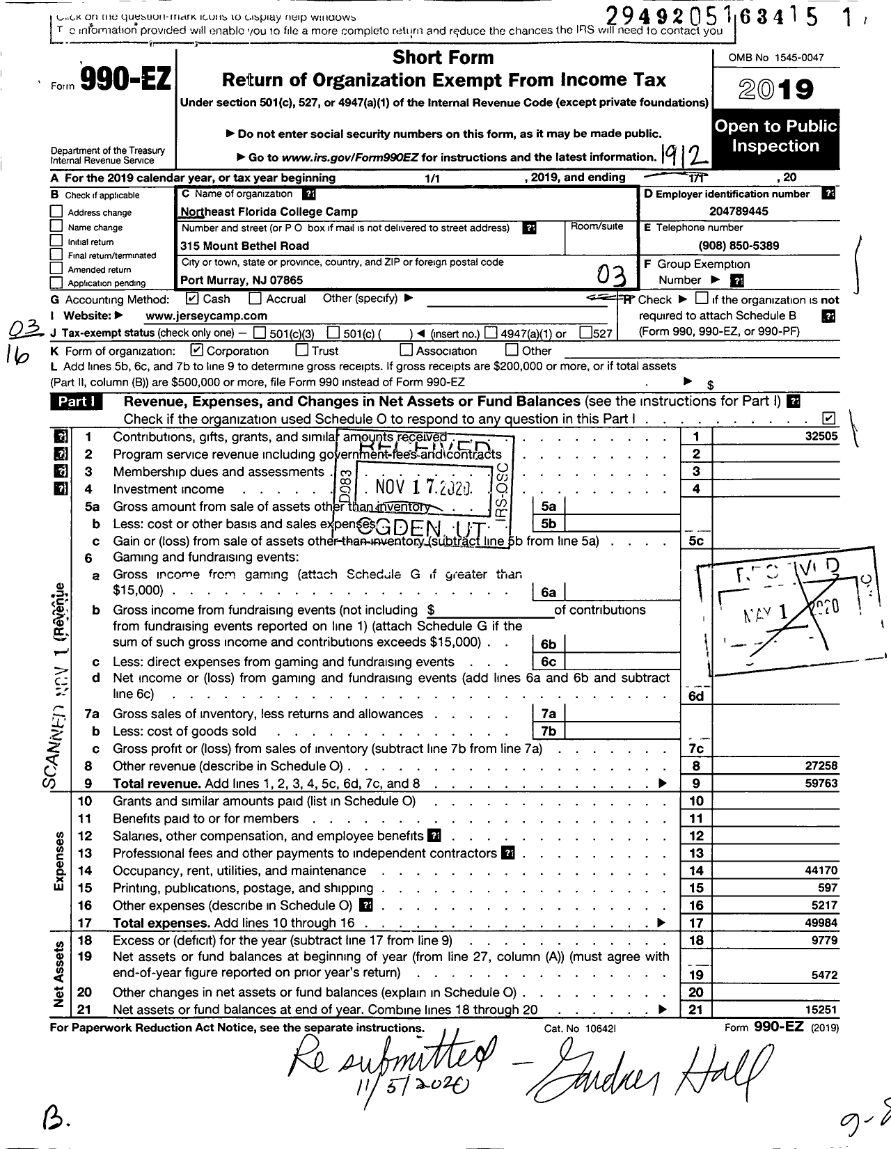 Image of first page of 2019 Form 990EZ for Northeast Florida College Camp