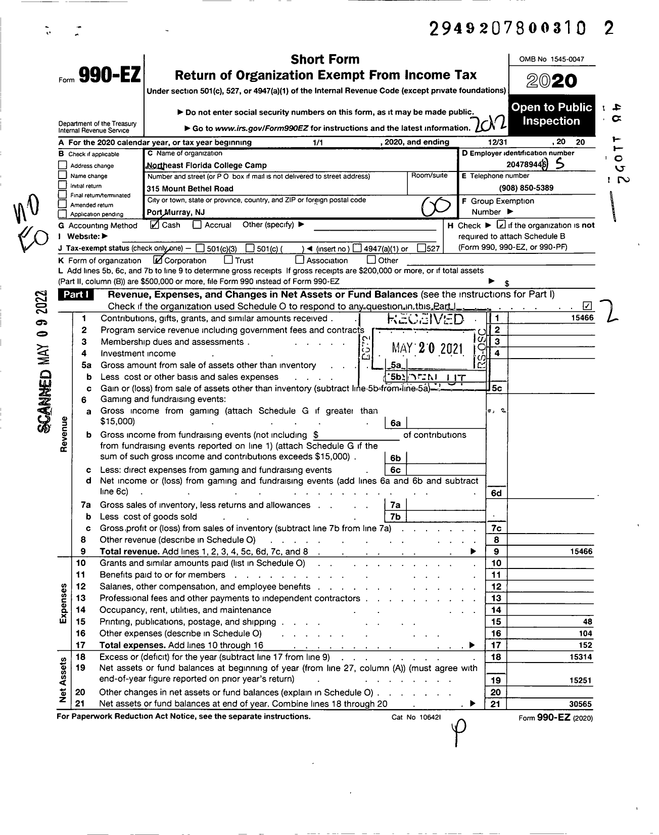 Image of first page of 2020 Form 990EO for Northeast Florida College Camp