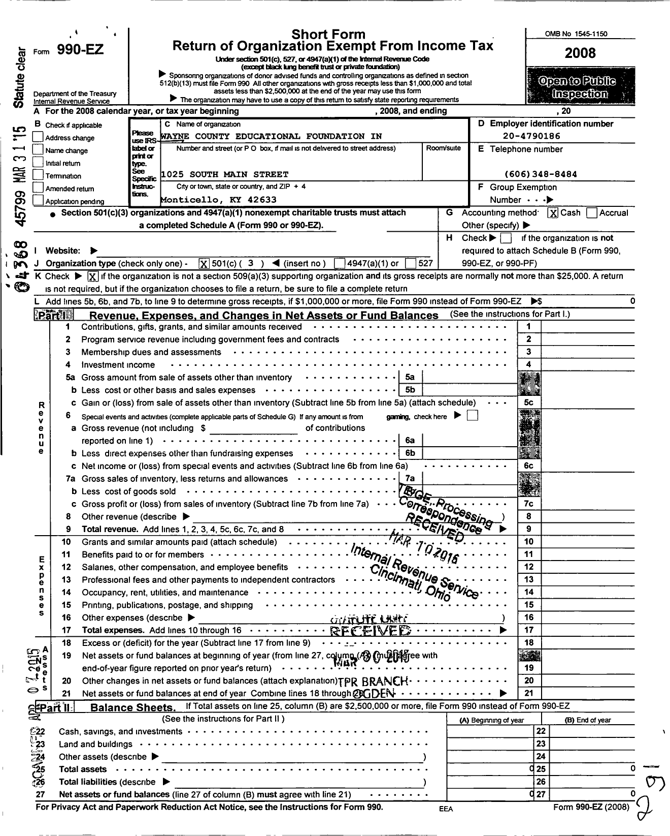 Image of first page of 2008 Form 990EZ for Wayne County Educational Foundation