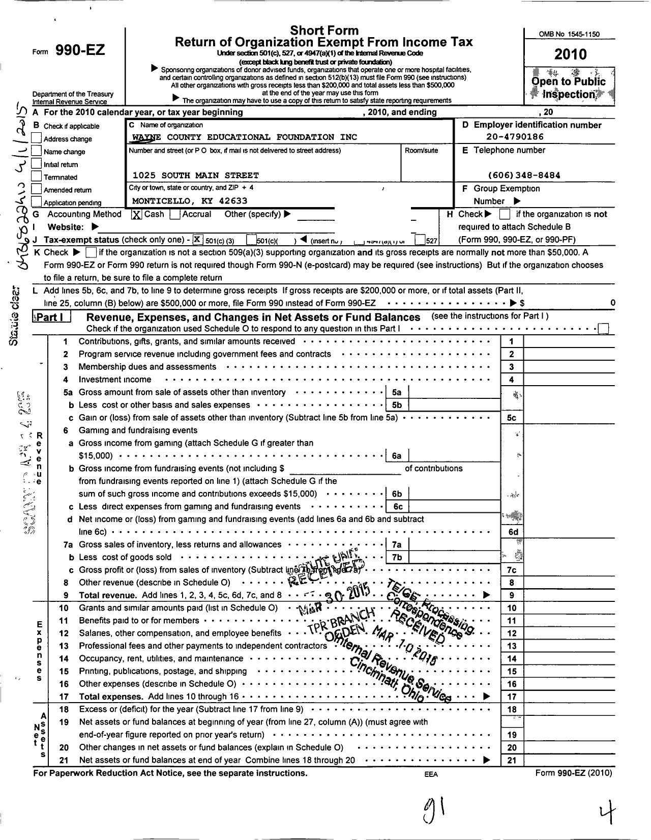 Image of first page of 2010 Form 990EZ for Wayne County Educational Foundation