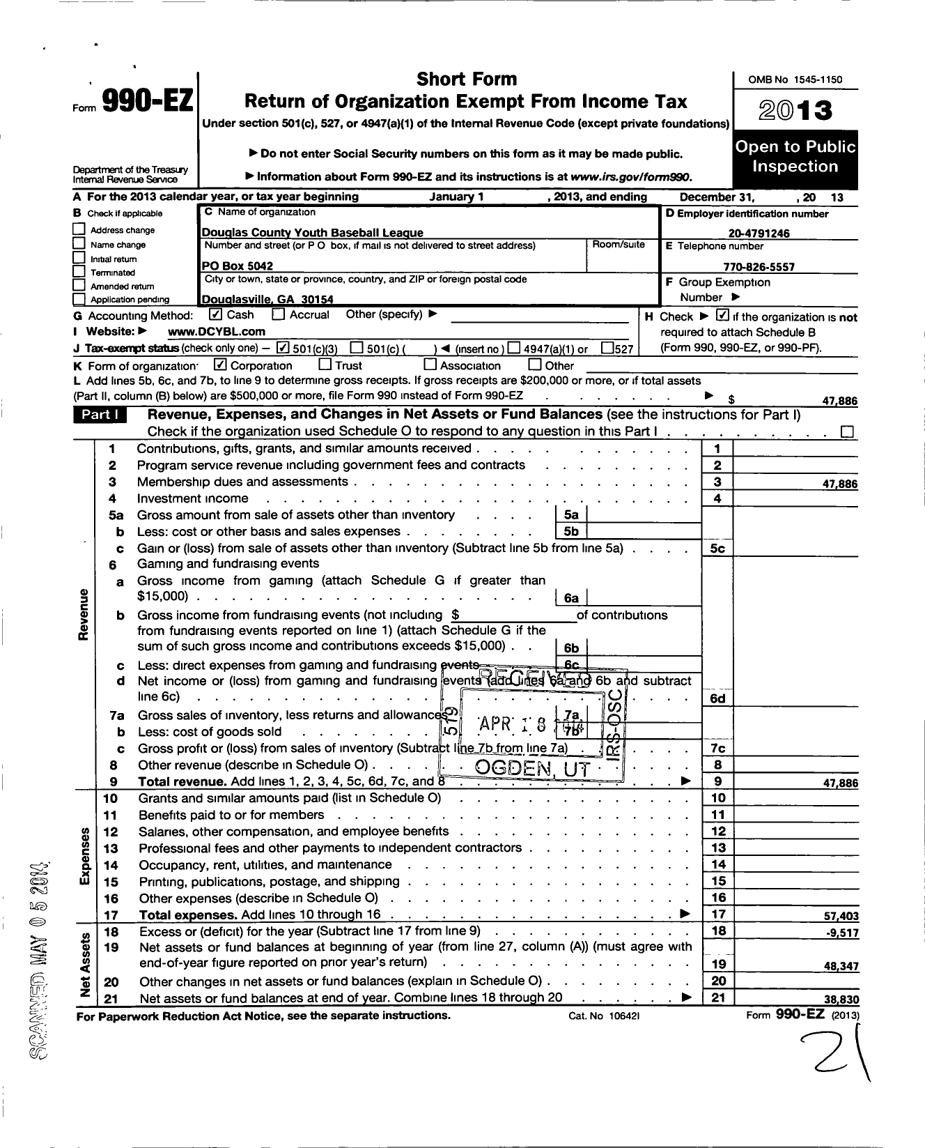 Image of first page of 2013 Form 990EZ for Douglas County Youth Baseball League