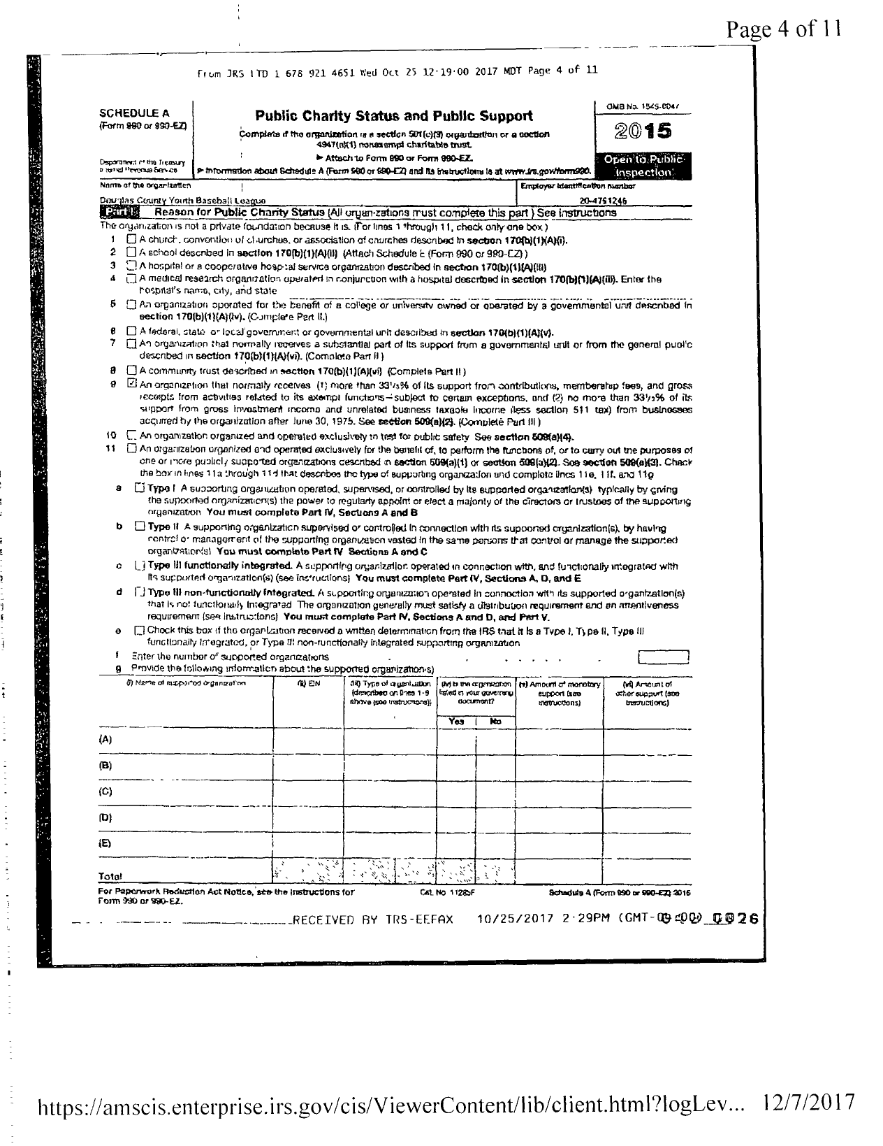 Image of first page of 2015 Form 990ER for Douglas County Youth Baseball League