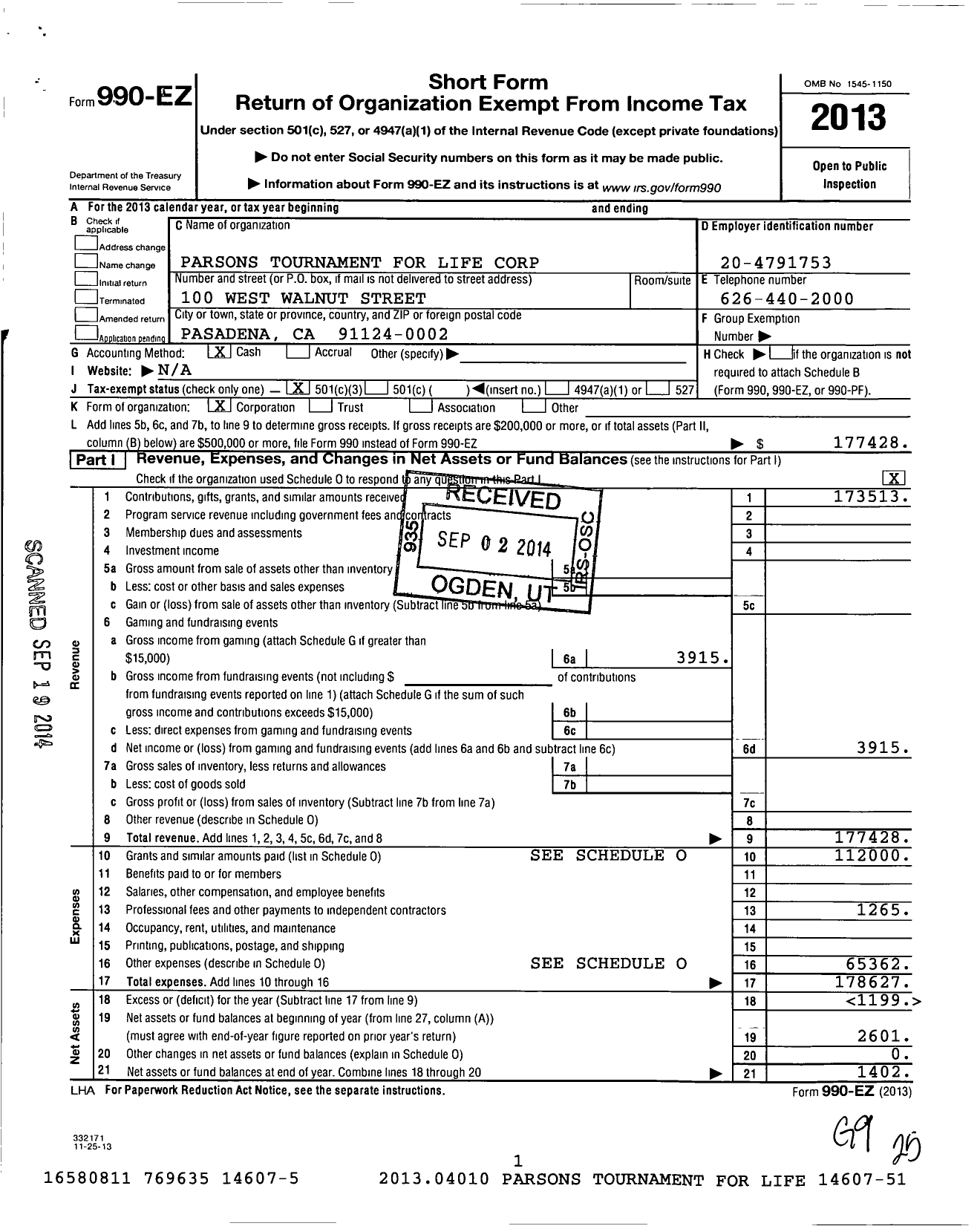 Image of first page of 2013 Form 990EZ for Parsons Tournament for Life Corporation