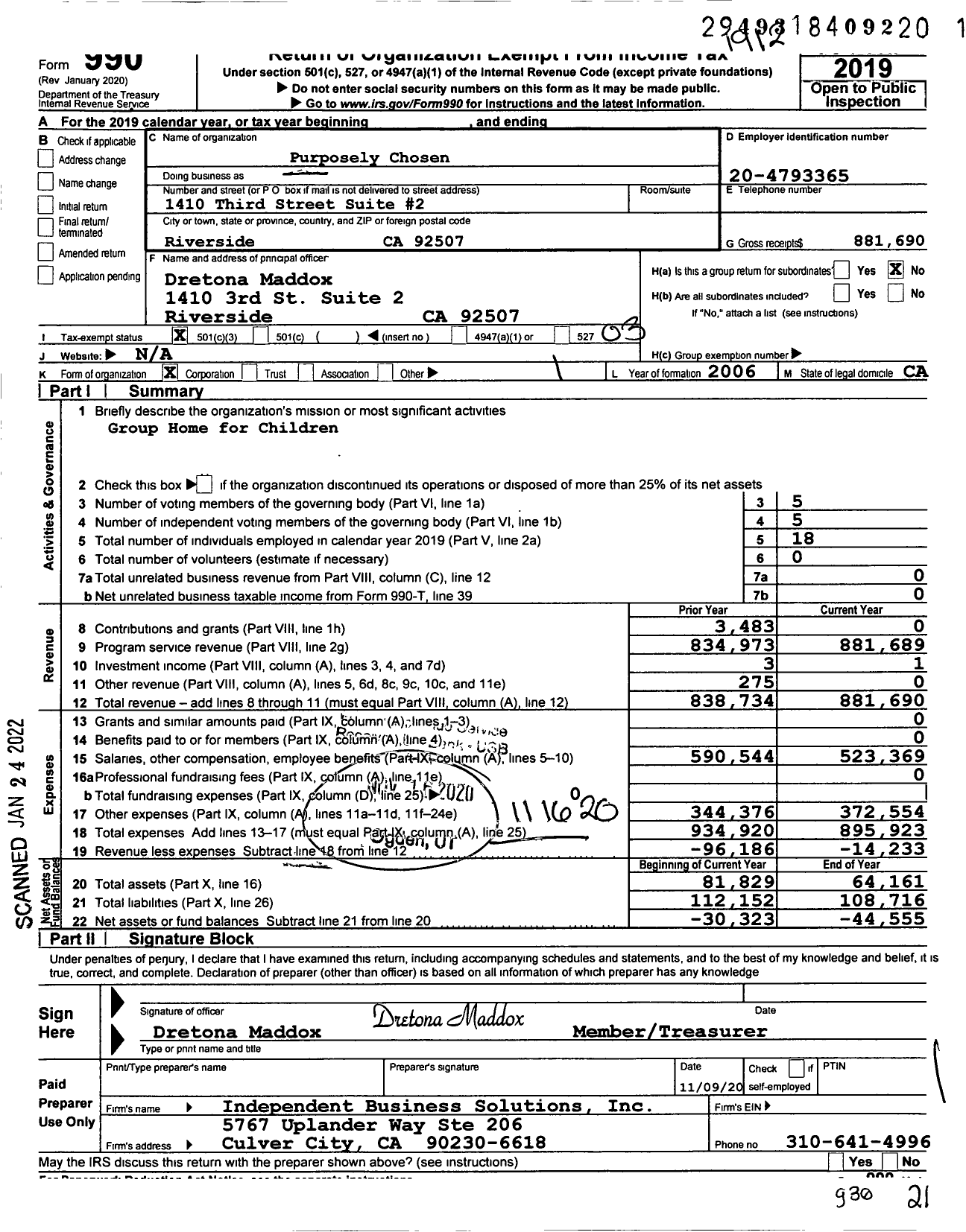 Image of first page of 2019 Form 990 for Purposely Chosen