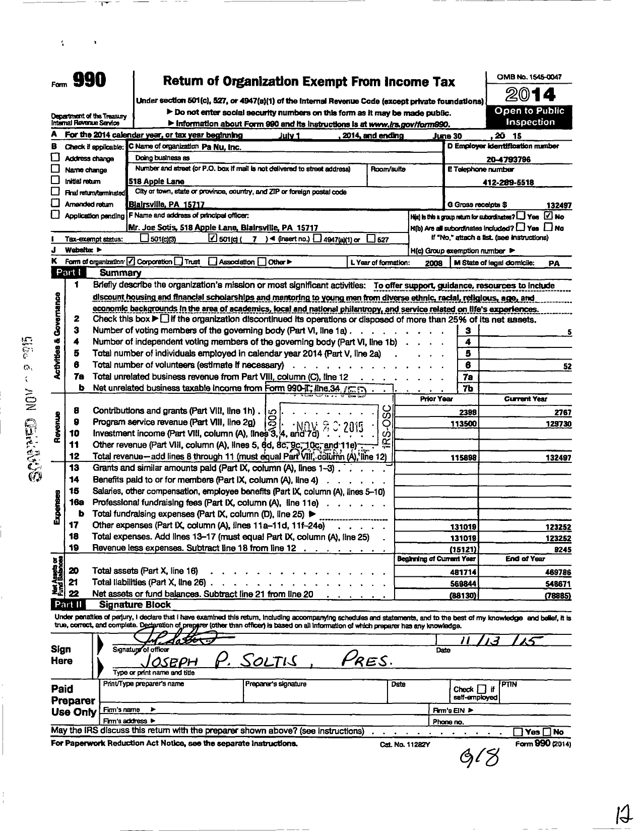 Image of first page of 2014 Form 990O for Pa Nu