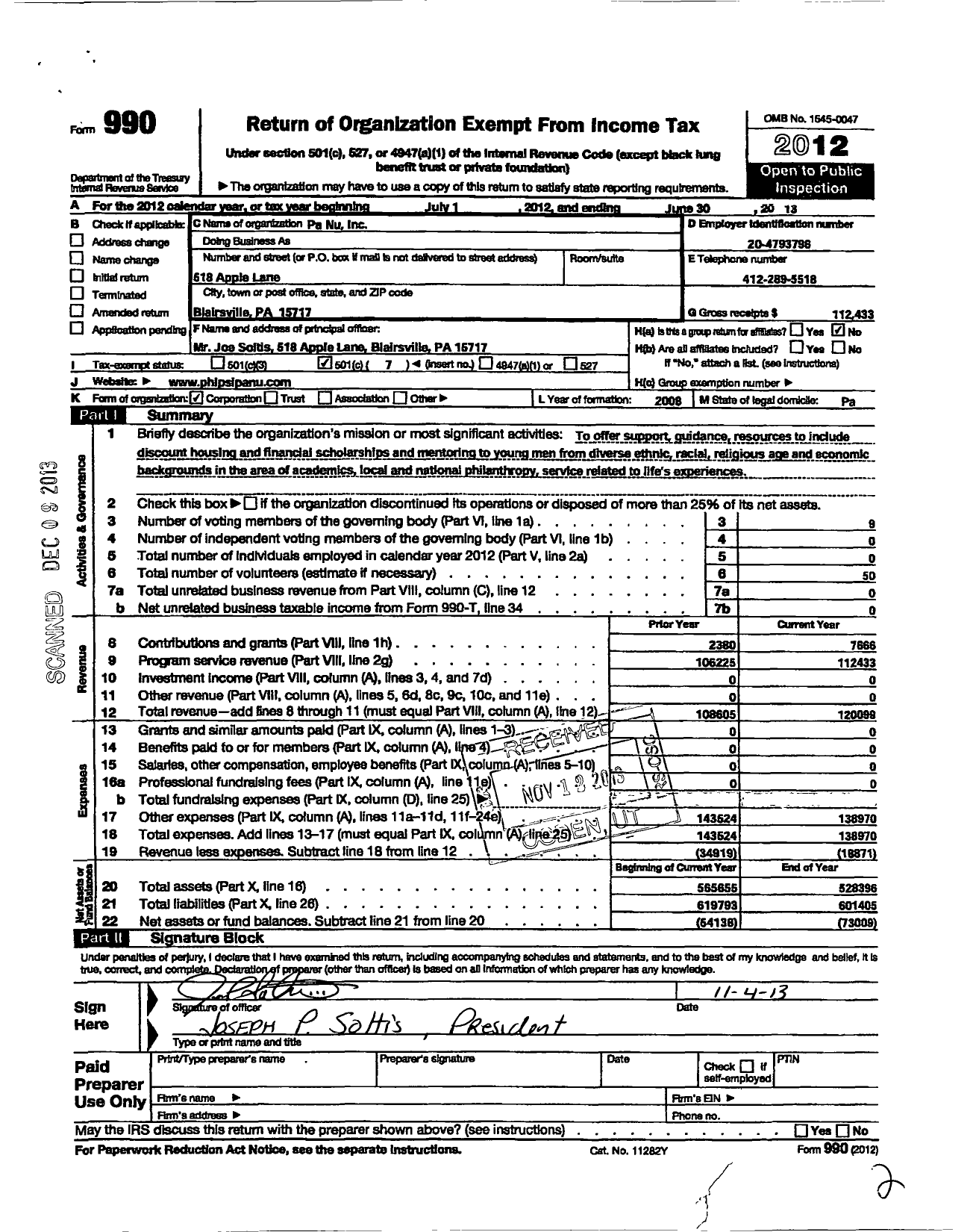 Image of first page of 2012 Form 990O for Pa Nu