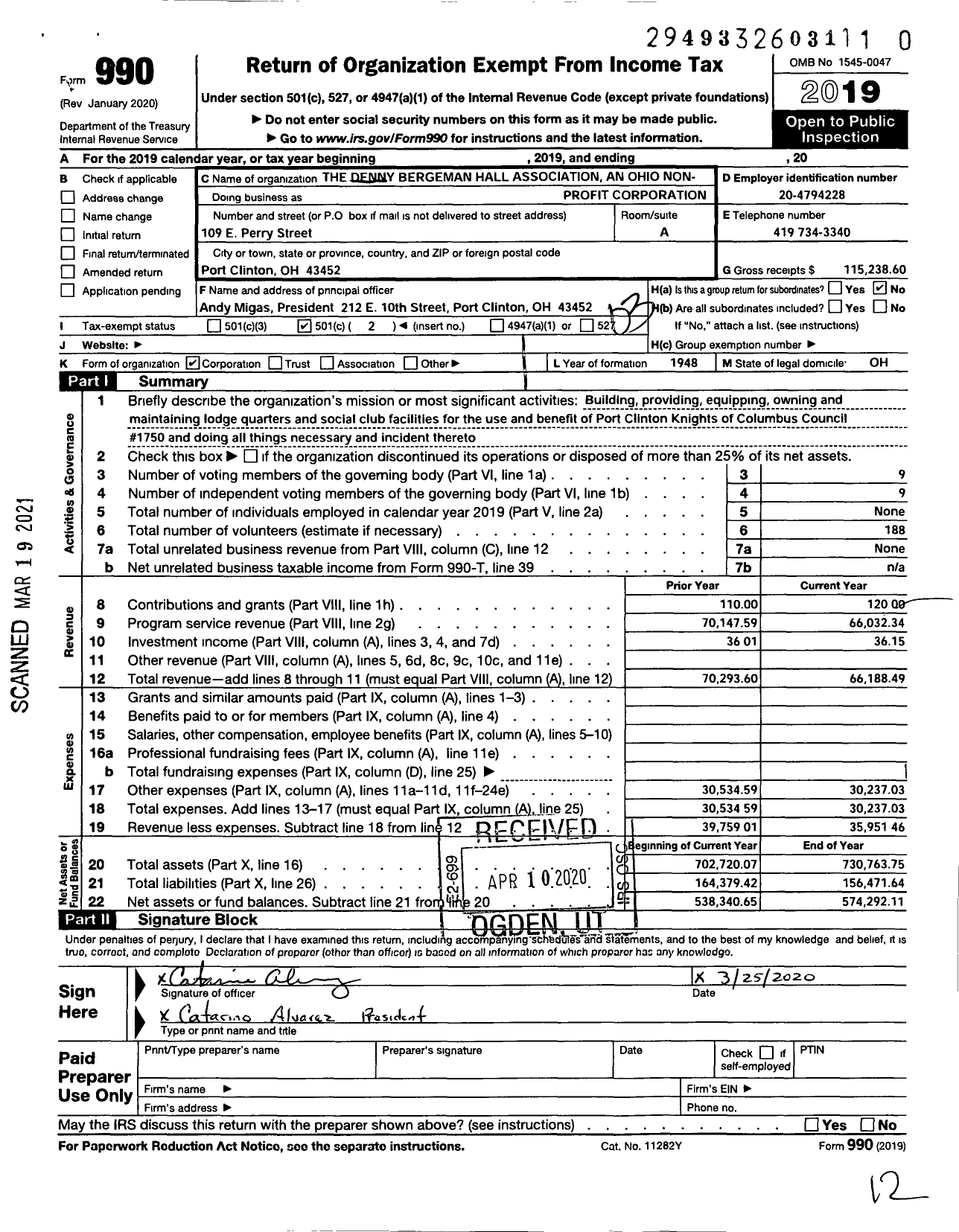 Image of first page of 2019 Form 990 for The Denny Bergeman Hall Association An Ohio Non-Profit Corporation