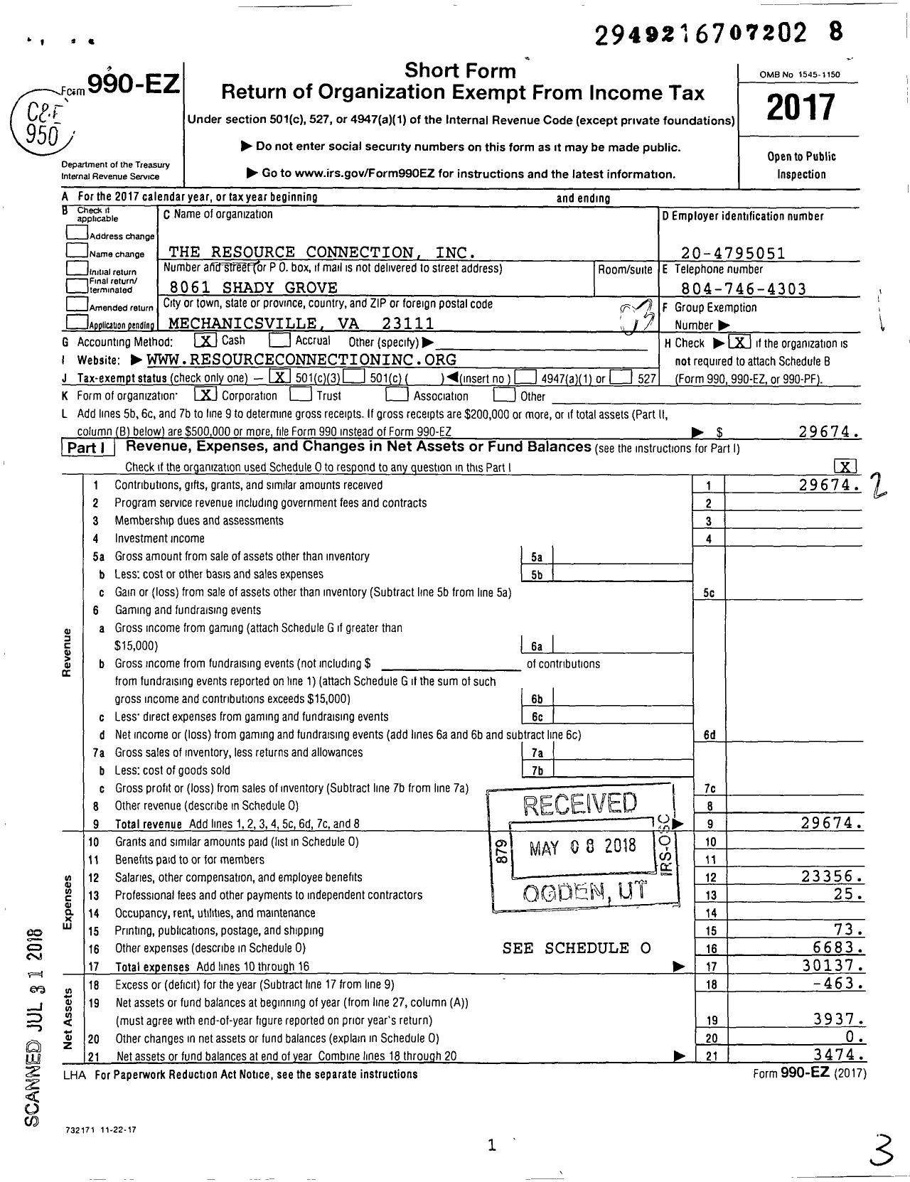 Image of first page of 2017 Form 990EZ for The Resource Connection