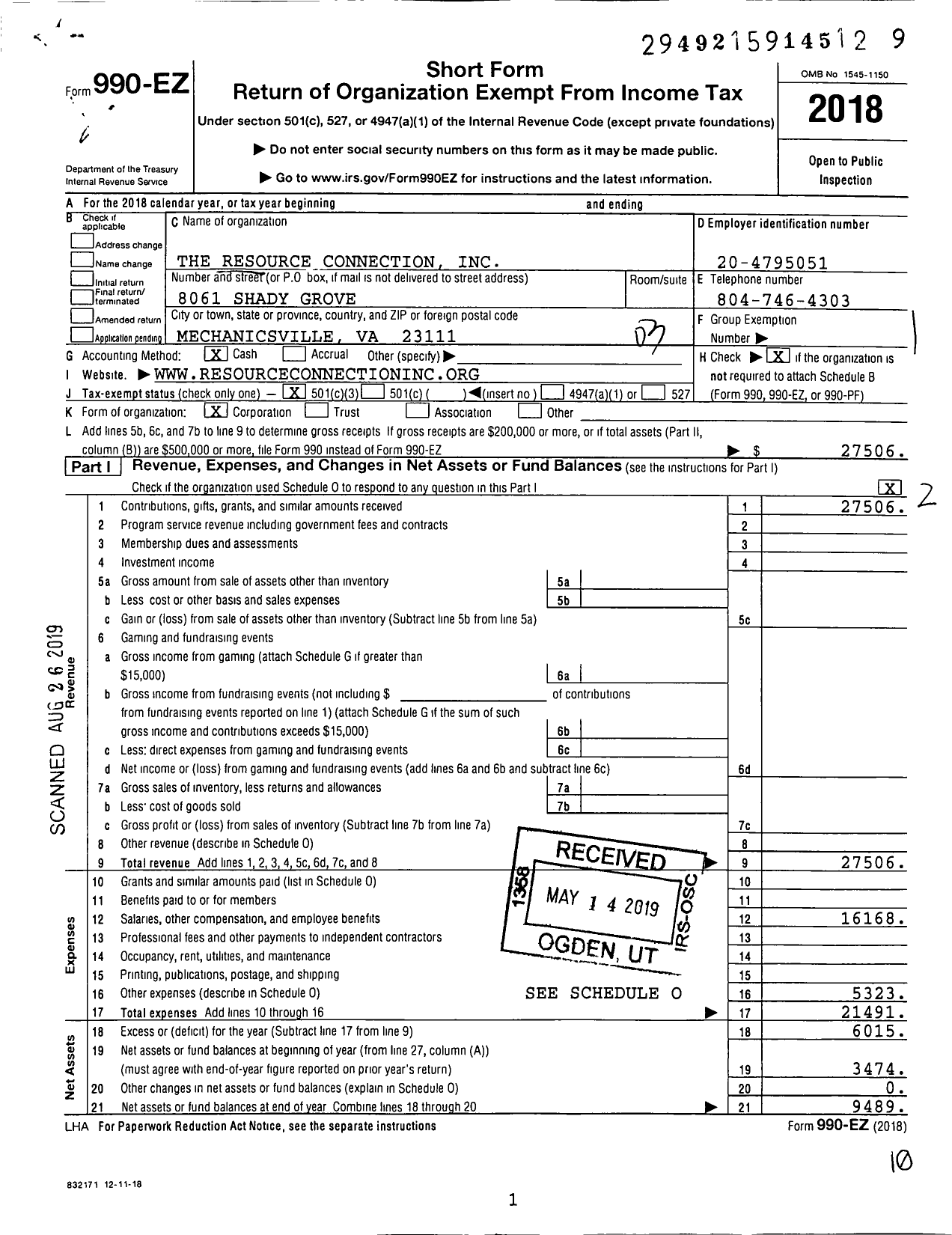 Image of first page of 2018 Form 990EZ for The Resource Connection