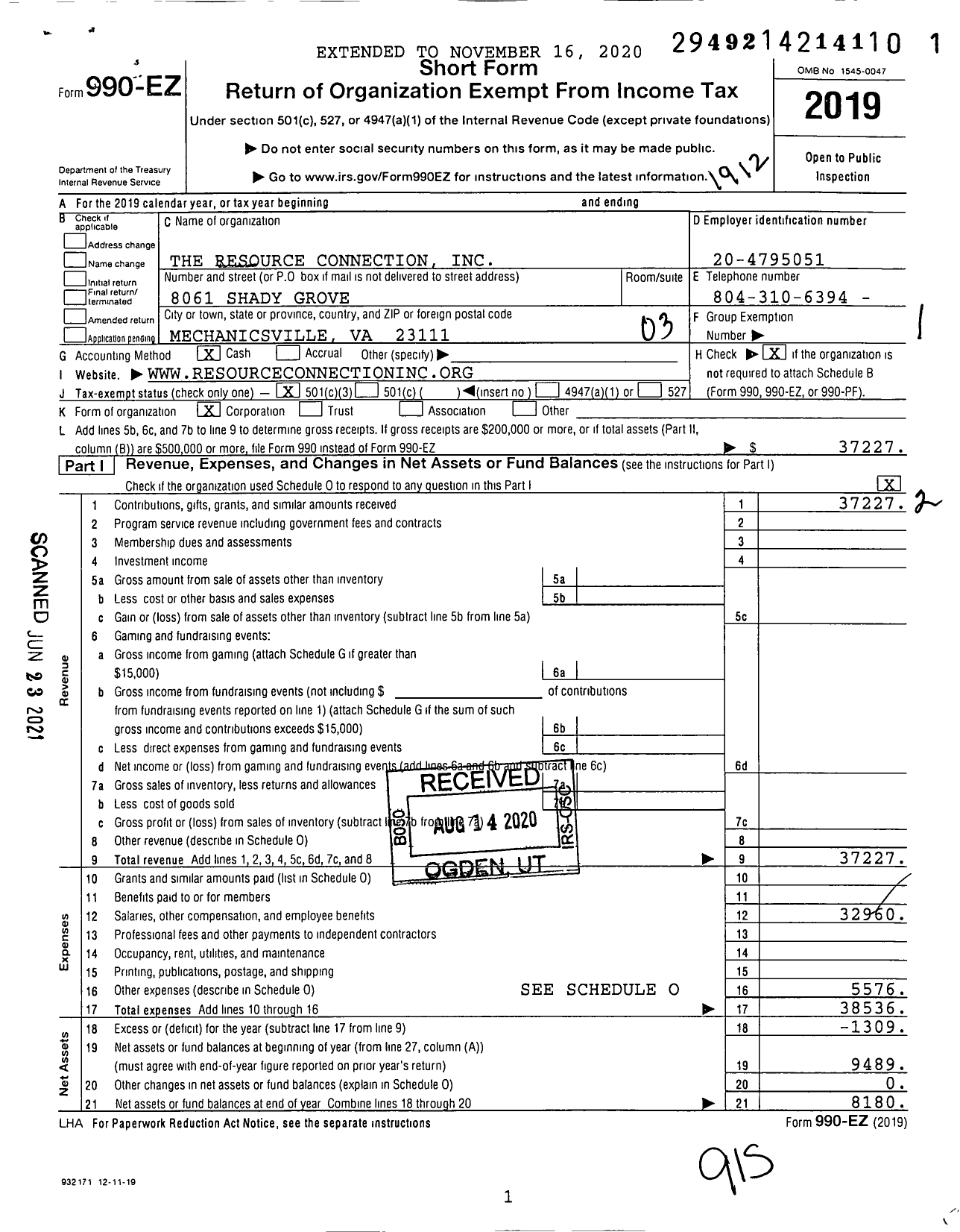 Image of first page of 2019 Form 990EZ for The Resource Connection