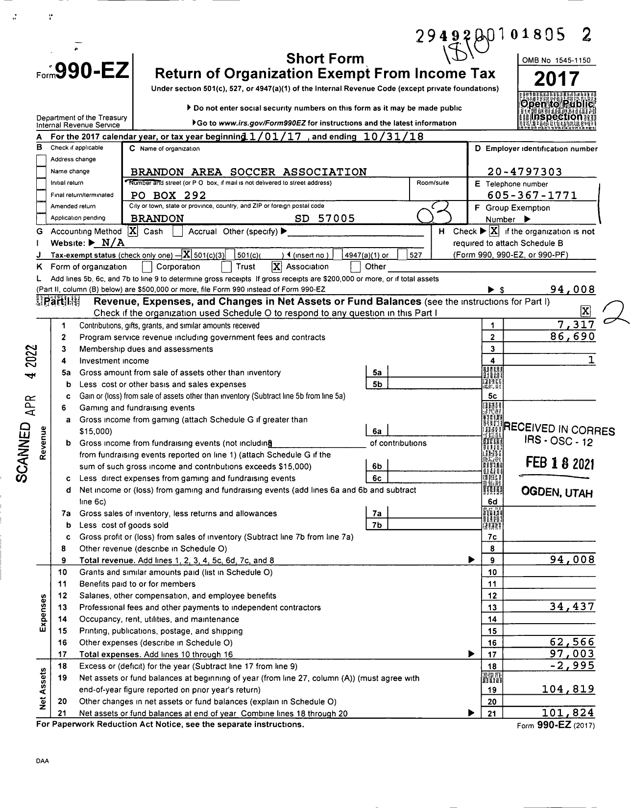 Image of first page of 2017 Form 990EZ for Brandon Area Soccer Association