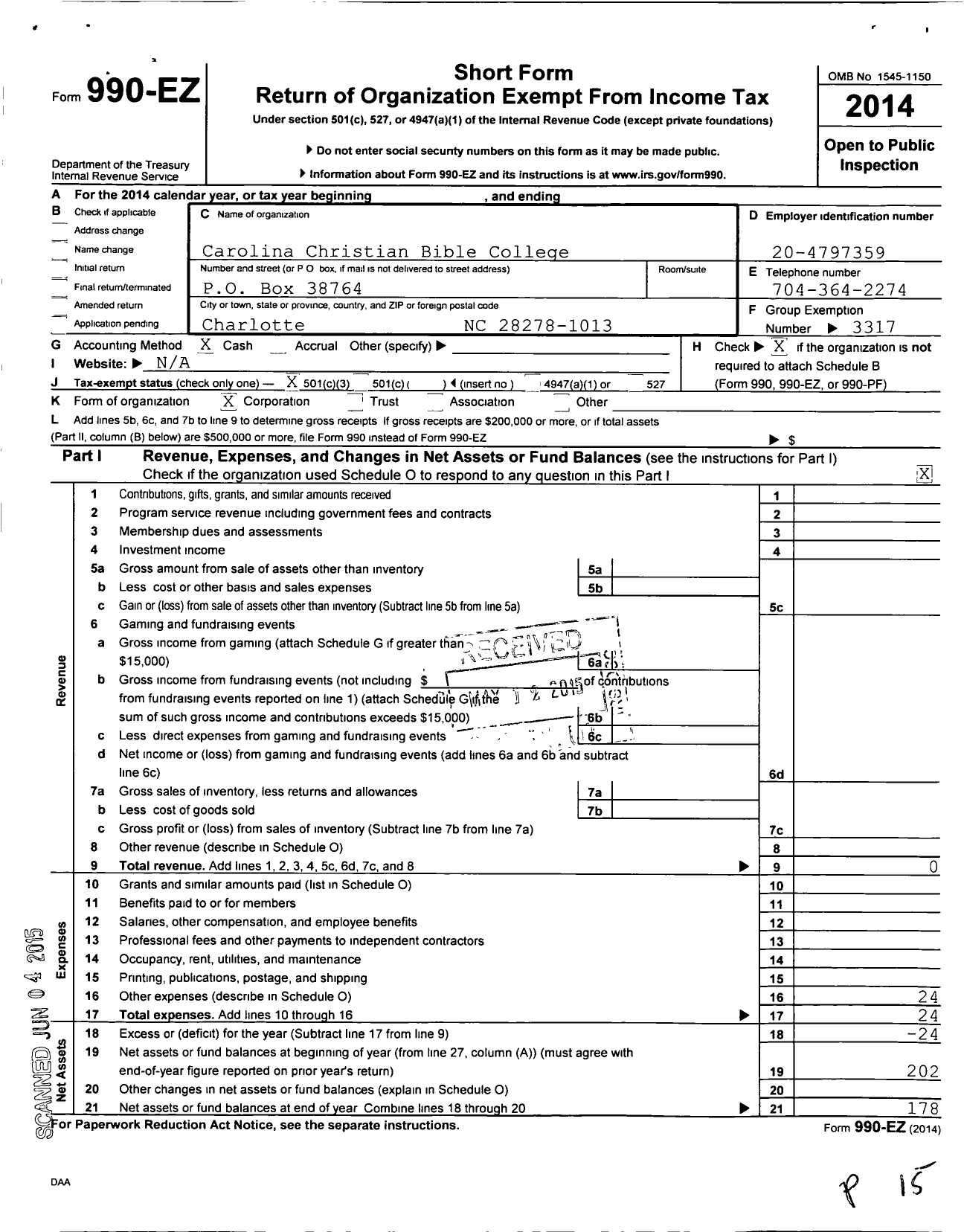 Image of first page of 2014 Form 990EZ for Carolina Christian Bible College