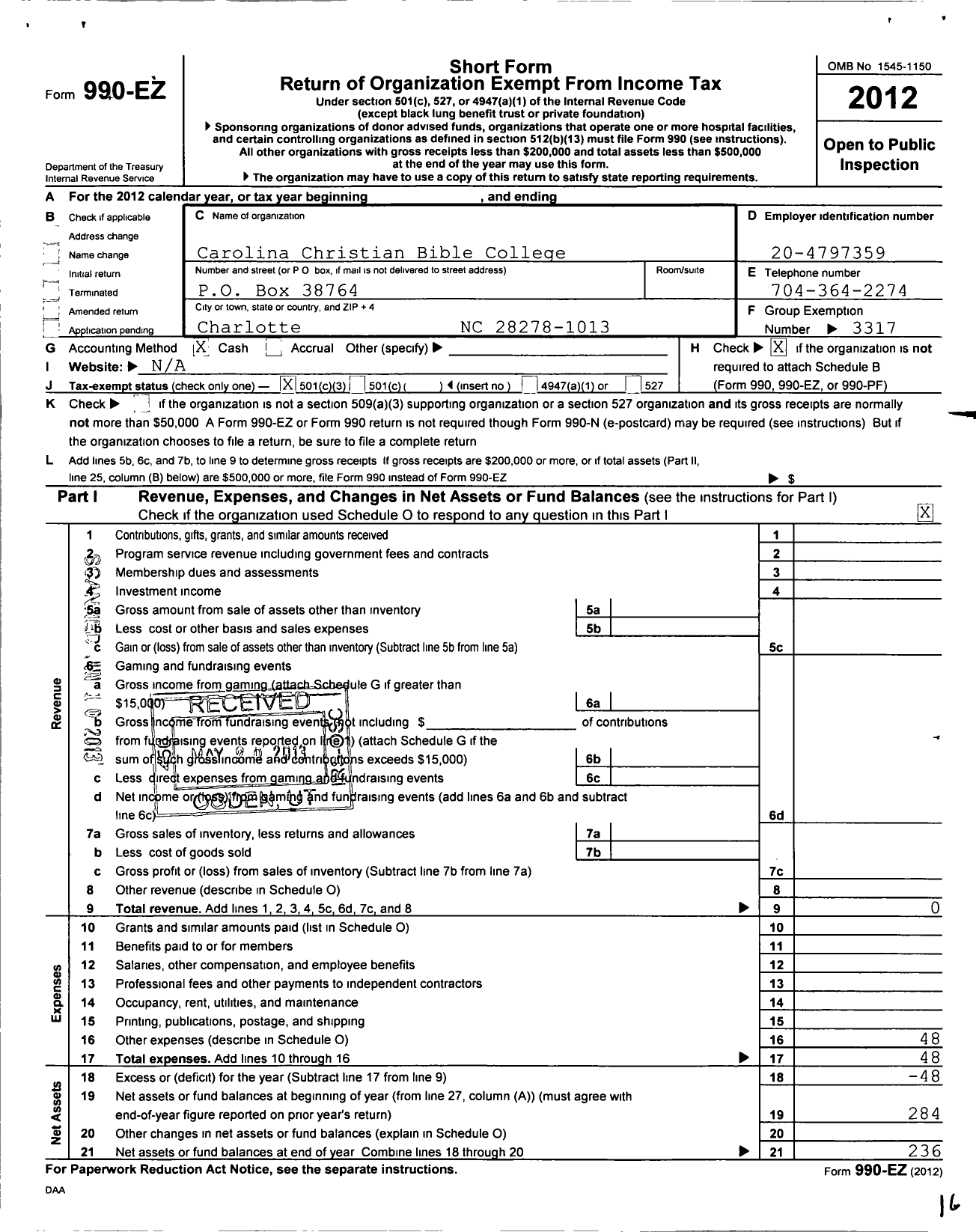 Image of first page of 2012 Form 990EZ for Carolina Christian Bible College